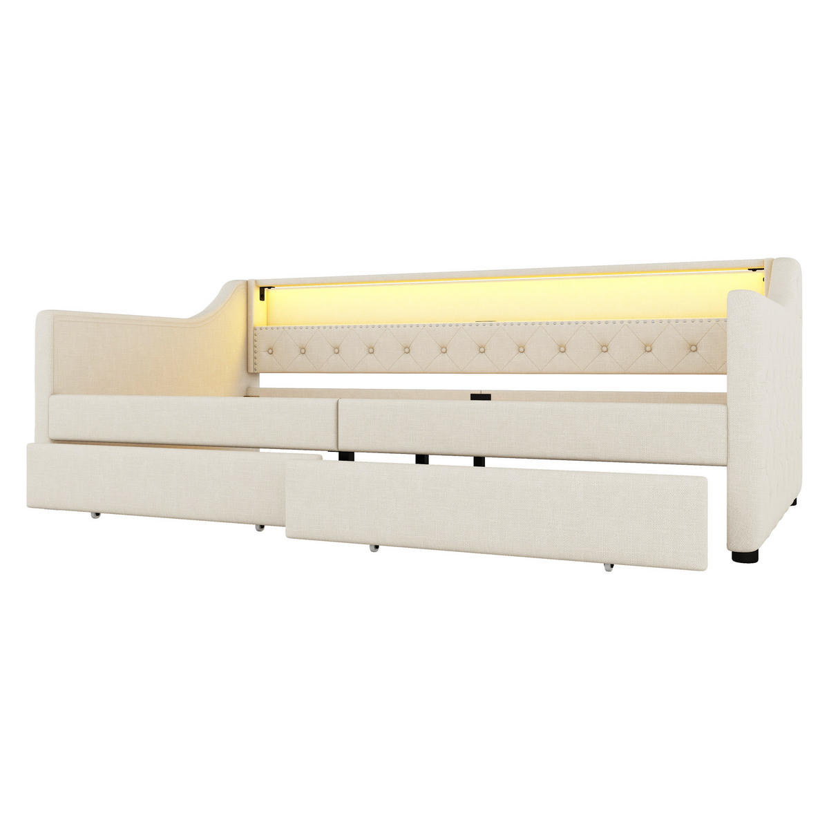 TAGEBETT 90x200cm Beige Leinen Ambientelicht 2 Schubladen USB - Beige, Holz (90/200cm) - FLIEKS