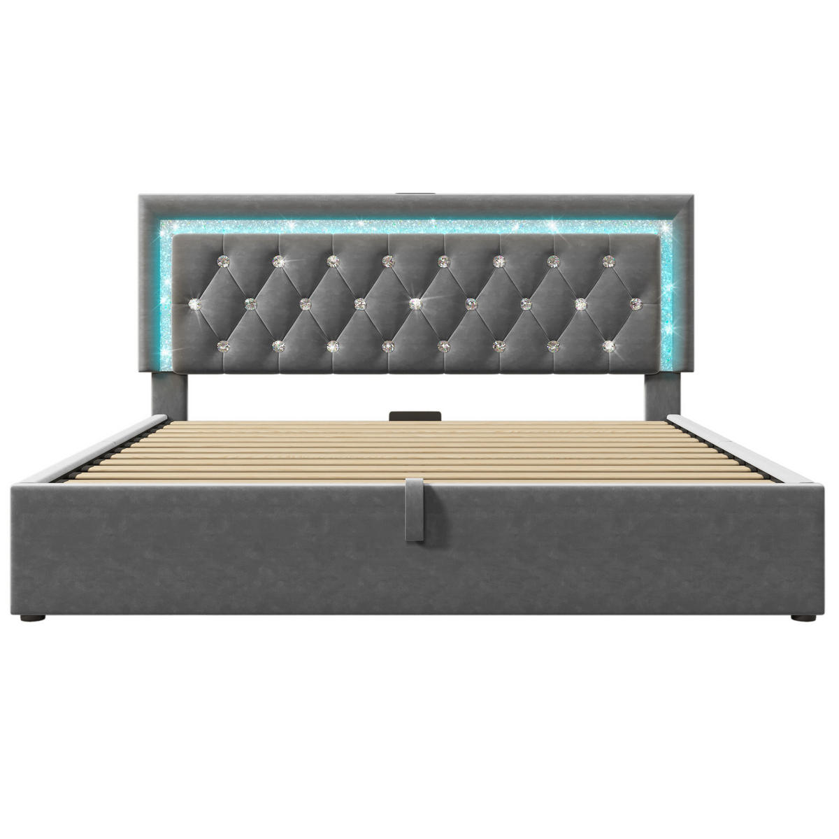 POLSTERBETT aus Samt 140x200 cm Grau mit LED, USB- und Type-C-Anschluss sowie Bettkasten - Grau, Textil (140/200cm) - IVMEU