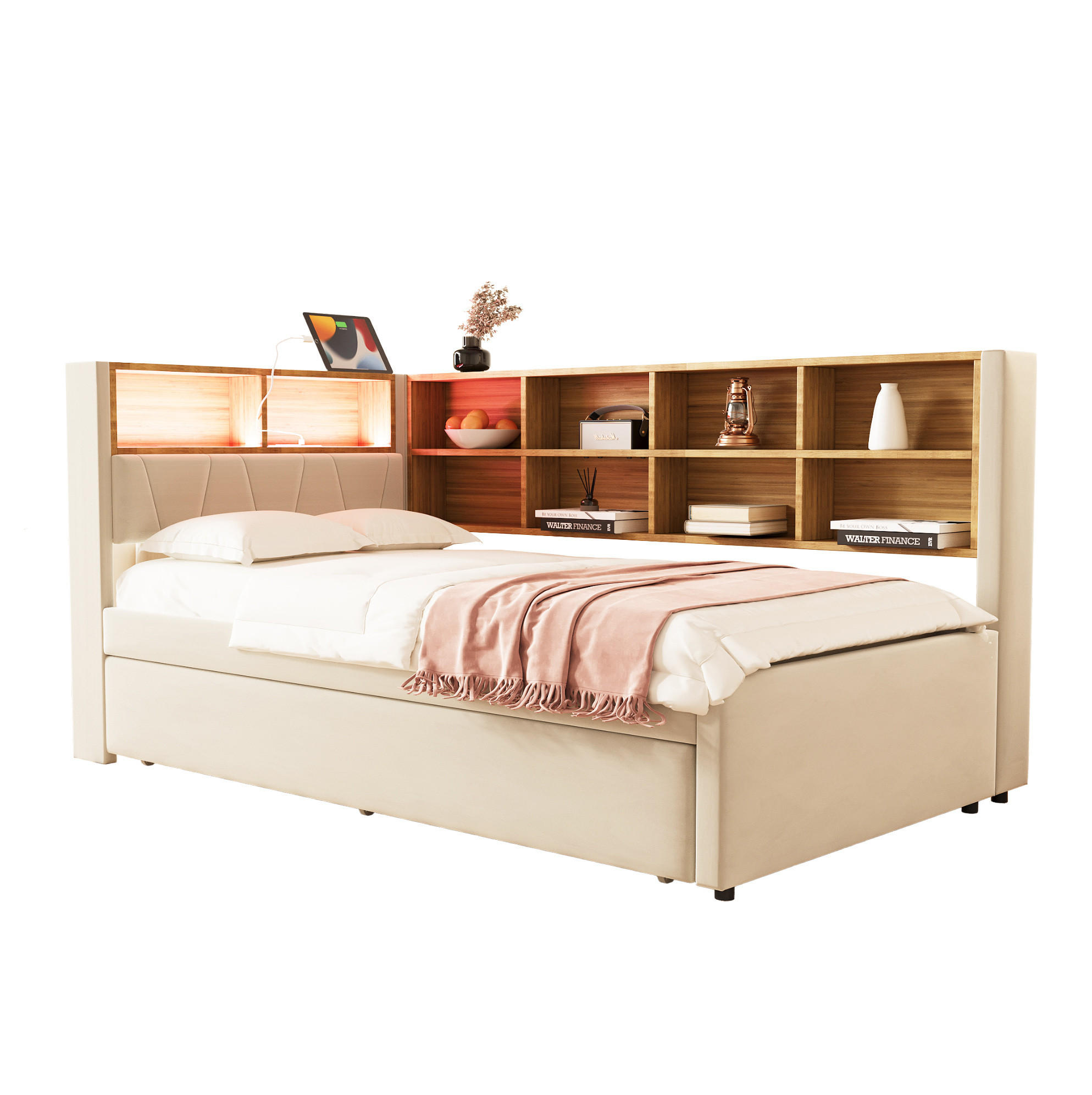 BETT 90/200 cm mit Ausziehbett 90/190 cm, LED-Beleuchtung, USB-C, Steckdose und Stauraum, Beige - Beige, Textil (90/200cm) - Redom
