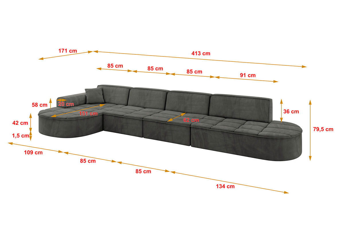 ECKSOFA Ottomane Links TARO-L3 - 413x171x79,5 cm Dunkelgrau - Dunkelgrau, Holzwerkstoff/Textil (413/171cm) - ALTDECOR