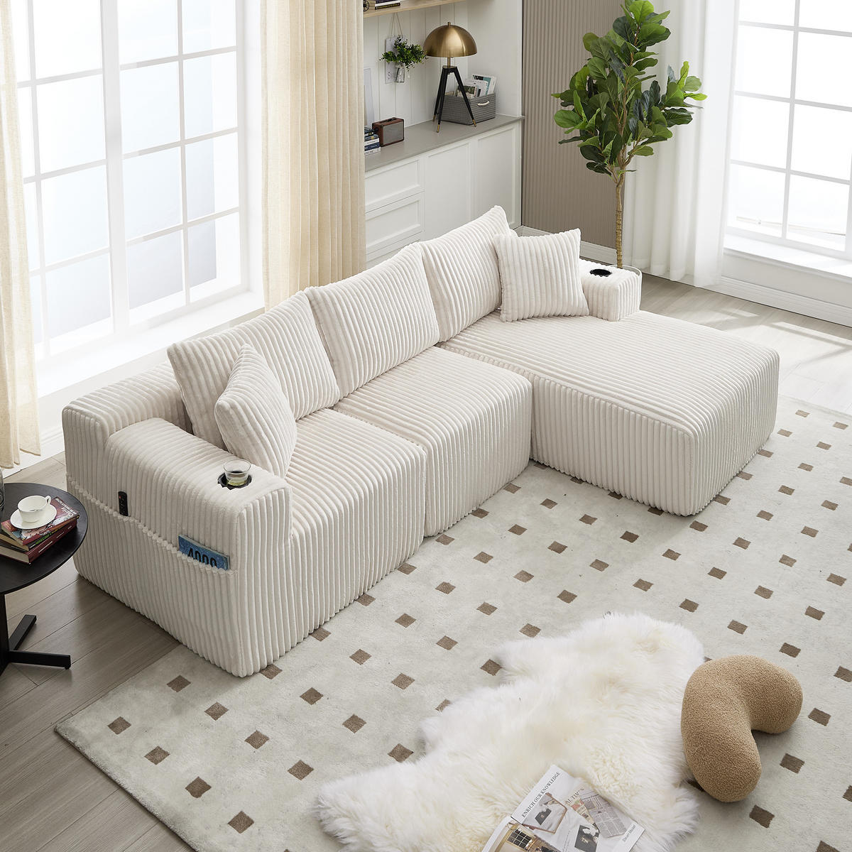 ECKSOFA Inklusive 5 Kissen,seitlicher Stauraum und Getränkehalter, Beige - Beige, Textil (160/257cm) - KOMHTOM