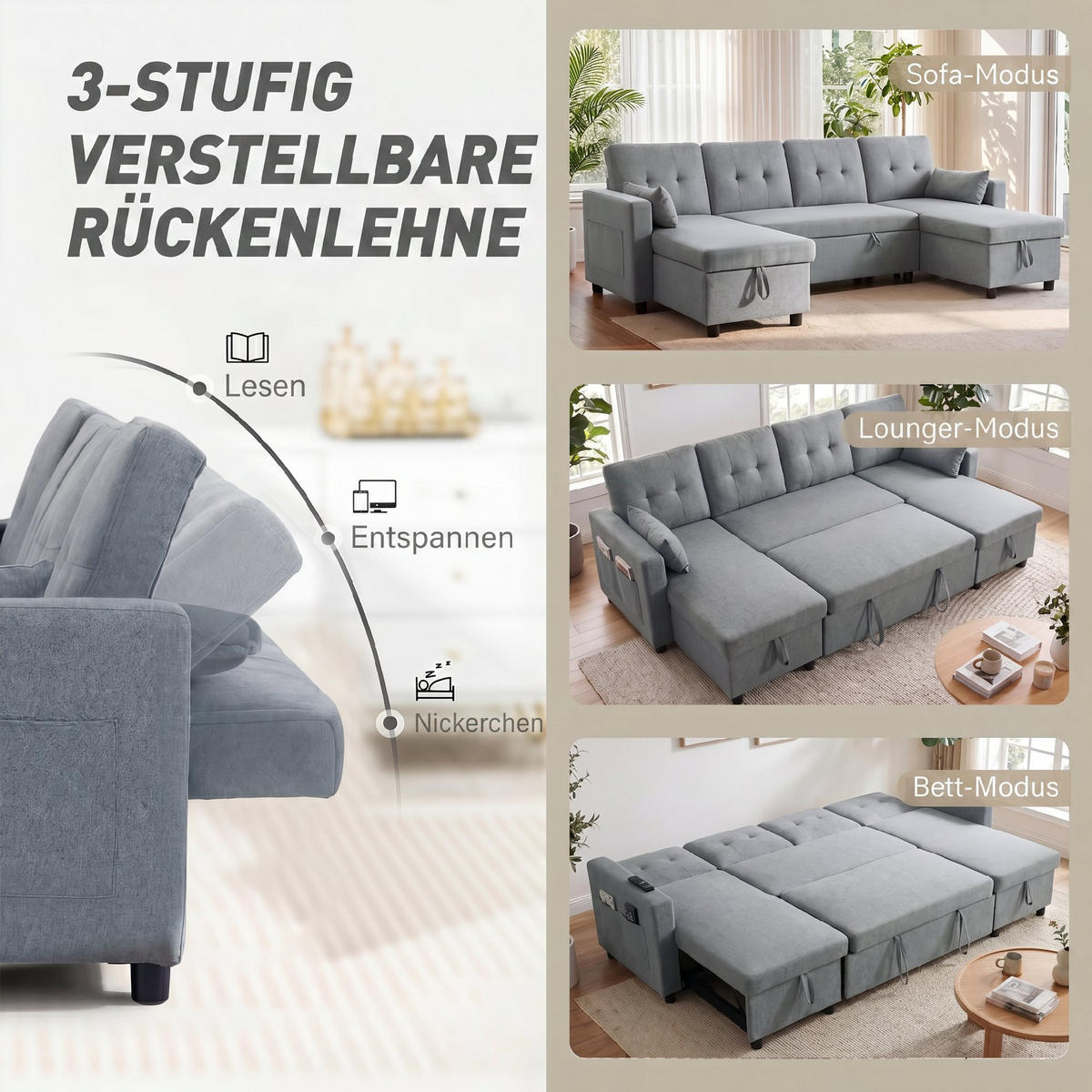 ECKSOFA mit Schlaffunktion Polyester Grau - Schwarz/Grau, Holz/Kunststoff (147/85/241cm) - HOMCOM