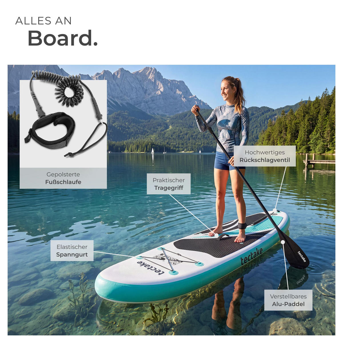 STAND-UP-PADDLE-BOARD 2in1 aufblasbar, Komplettset mit Fußschlaufe, 288 x 77 x 22,5 cm, bis 200 kg belastbar - Weiß, Kunststoff (288/77/0.23cm) - tectake