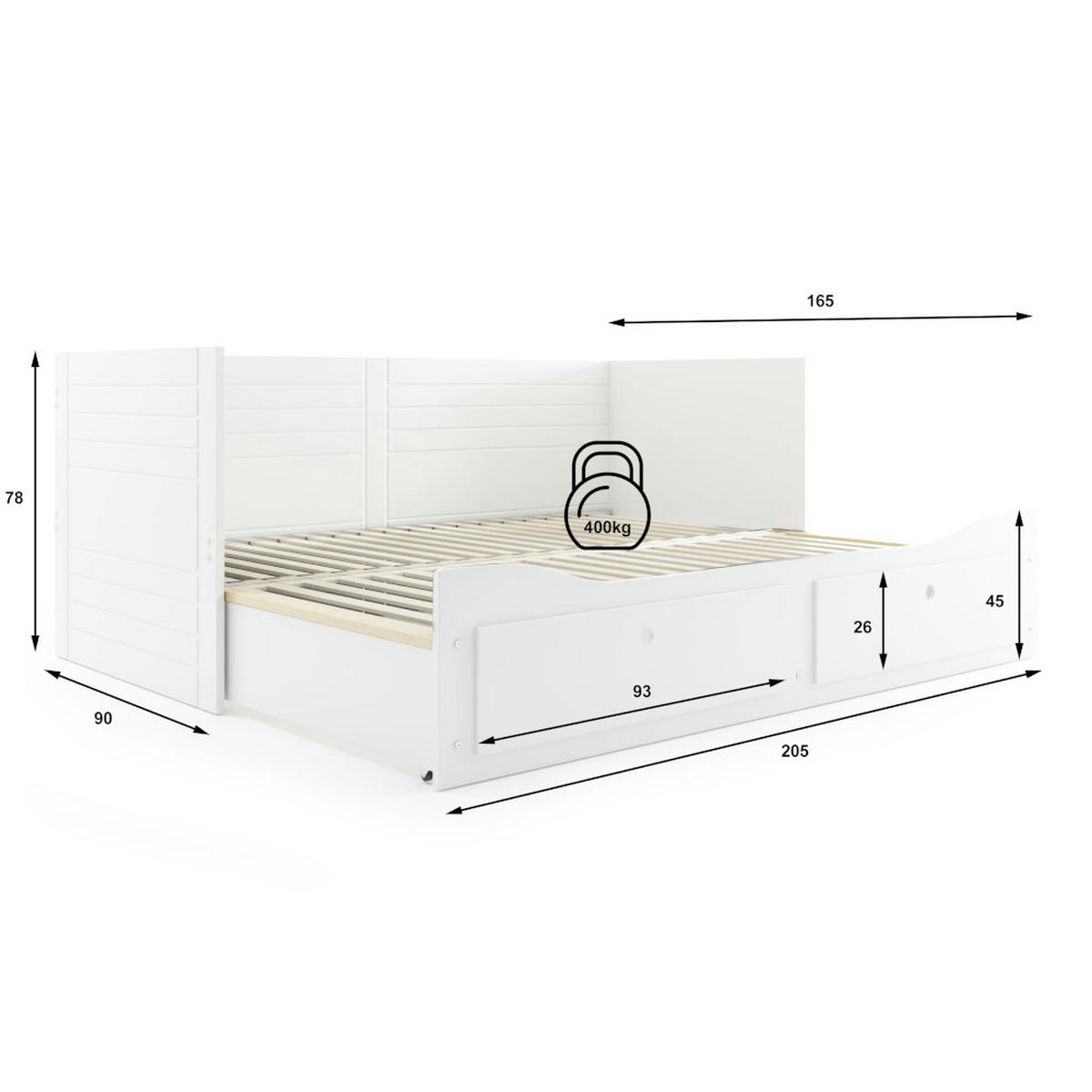TAGESBETT Hermes 200x80/160cm Weiß mit Lattenrost und Schubladen - Weiß, Holzwerkstoff (160/200cm) - Interbeds