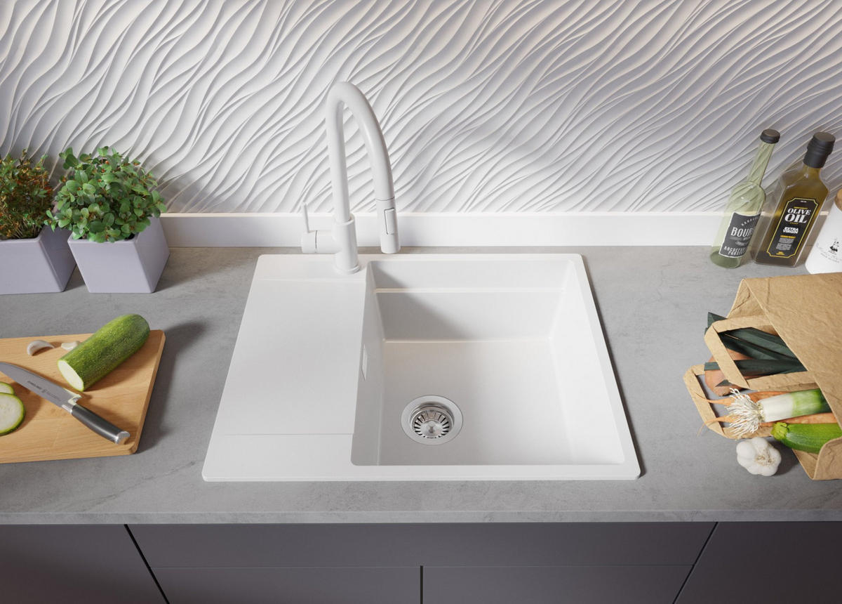 GRANITSPÜLE San Francisco, 2-er set Weiß 62/50 cm 1 Becken + Küchenarmatur 38/14 cm + Ablauf-Set + Aufrollbare Abtropffläche ab 50er Unterschrank - Chromfarben/Weiß, Kunststoff (62/20/50cm) - Primagran