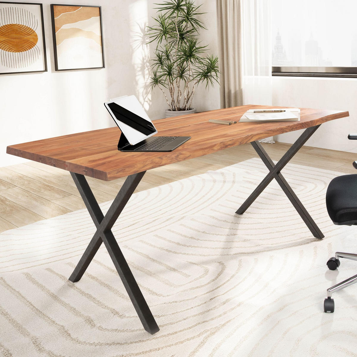 SCHREIBTISCH Massivholz X-Gestell Baumkante Handgefertigt KRETA, Goldbraun-Schwarz 140x80x76 cm - Schwarz/Braun, Holz/Metall (80/140/76cm) - KADIMA DESIGN