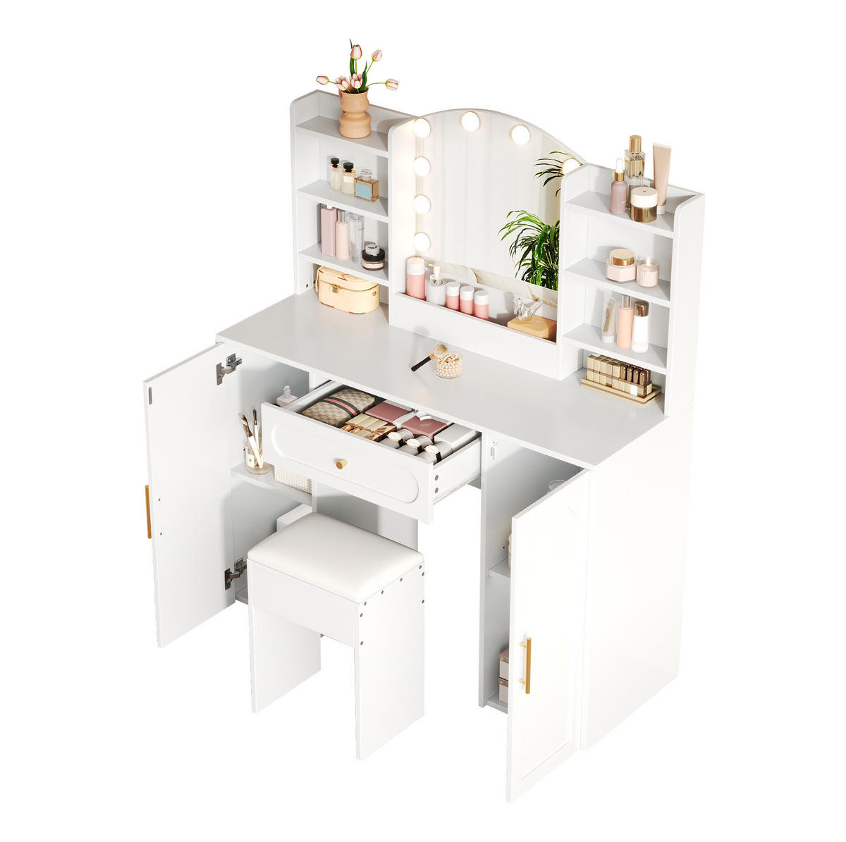 SCHMINKTISCH 110/40/132 cm Weiß aus MDF und Spanplatte mit LED-Spiegel - Weiß, Holzwerkstoff (40/132/110cm) - OKWISH