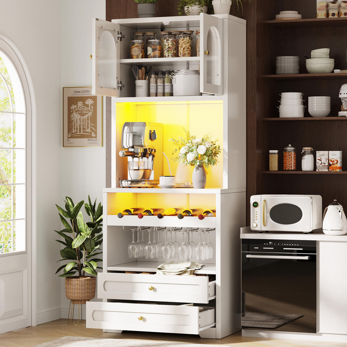 VITRINE LED Gewölbte Glastüren Weinregal Weiß - Weiß, Holzwerkstoff (70/180/40cm) - FLIEKS