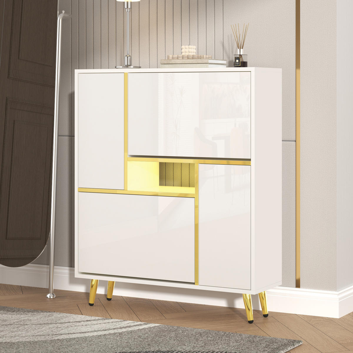 SCHUHSCHRANK 80x25x96 Weiß Hochglanz LED 16 Farben - Weiß, Holzwerkstoff (25/96/80cm) - FLIEKS