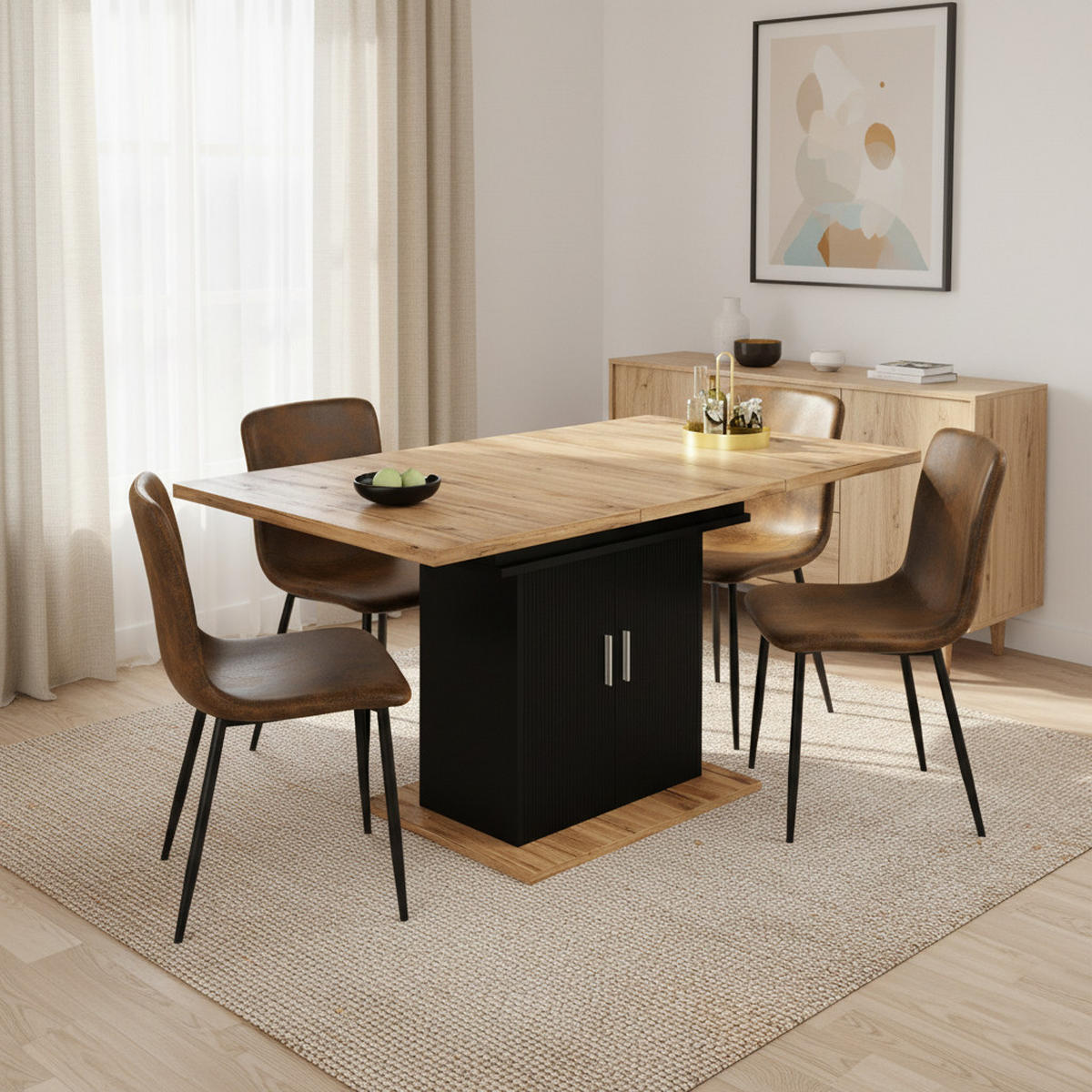 TISCHGRUPPE 5-teilig Ausziehtisch mit Stauraum & Lamellen-Optik & 4 Stühle Vintage-Braun - Schwarz/Eiche San Remo, Holzwerkstoff/Textil (140/76/70cm) - Urban Meuble