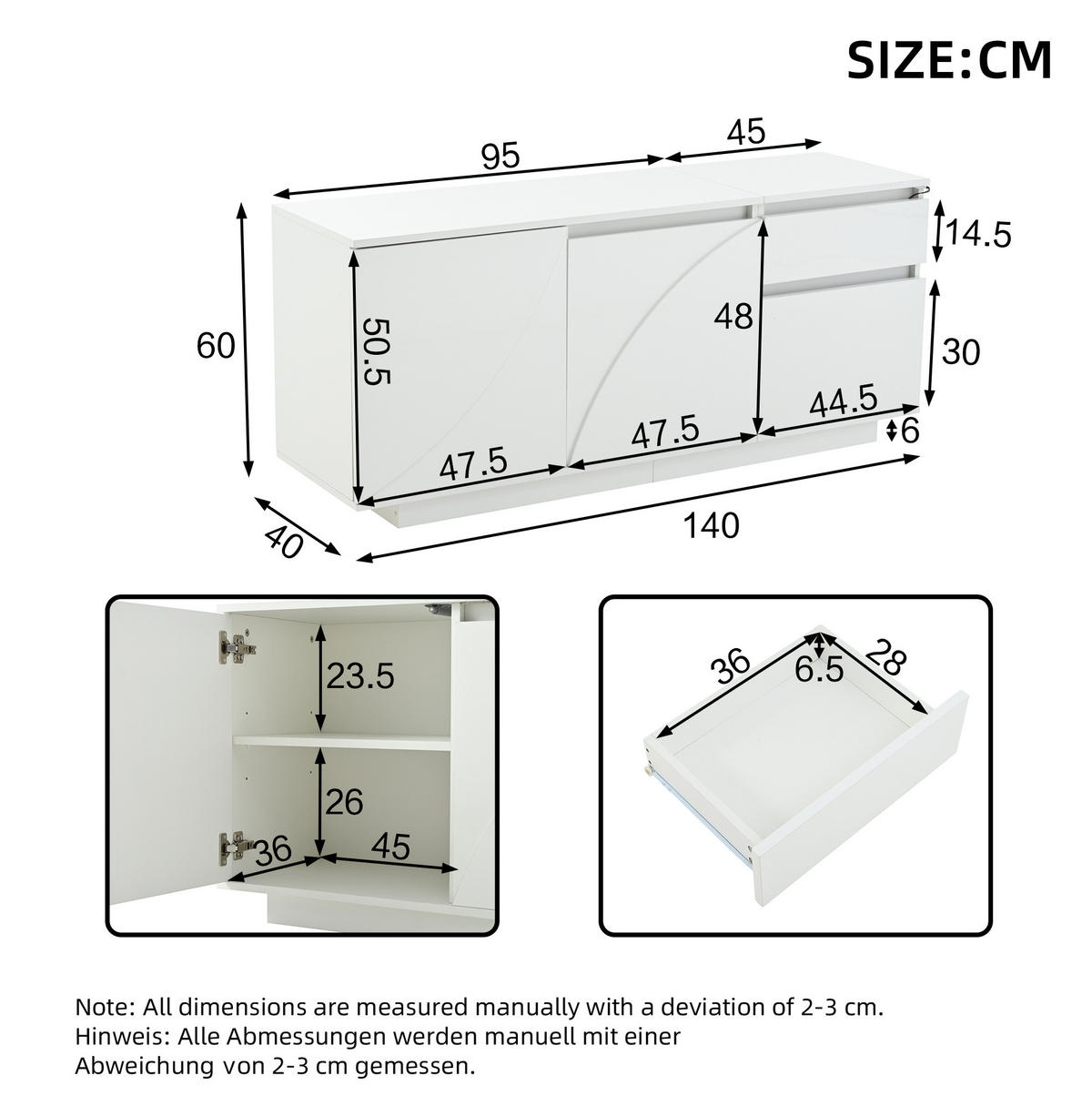 SIDEBOARD 140/40/60 cm aus MDF mit LED-Beleuchtung Weiß - Weiß, Holzwerkstoff (140/60/40cm) - Modenvie