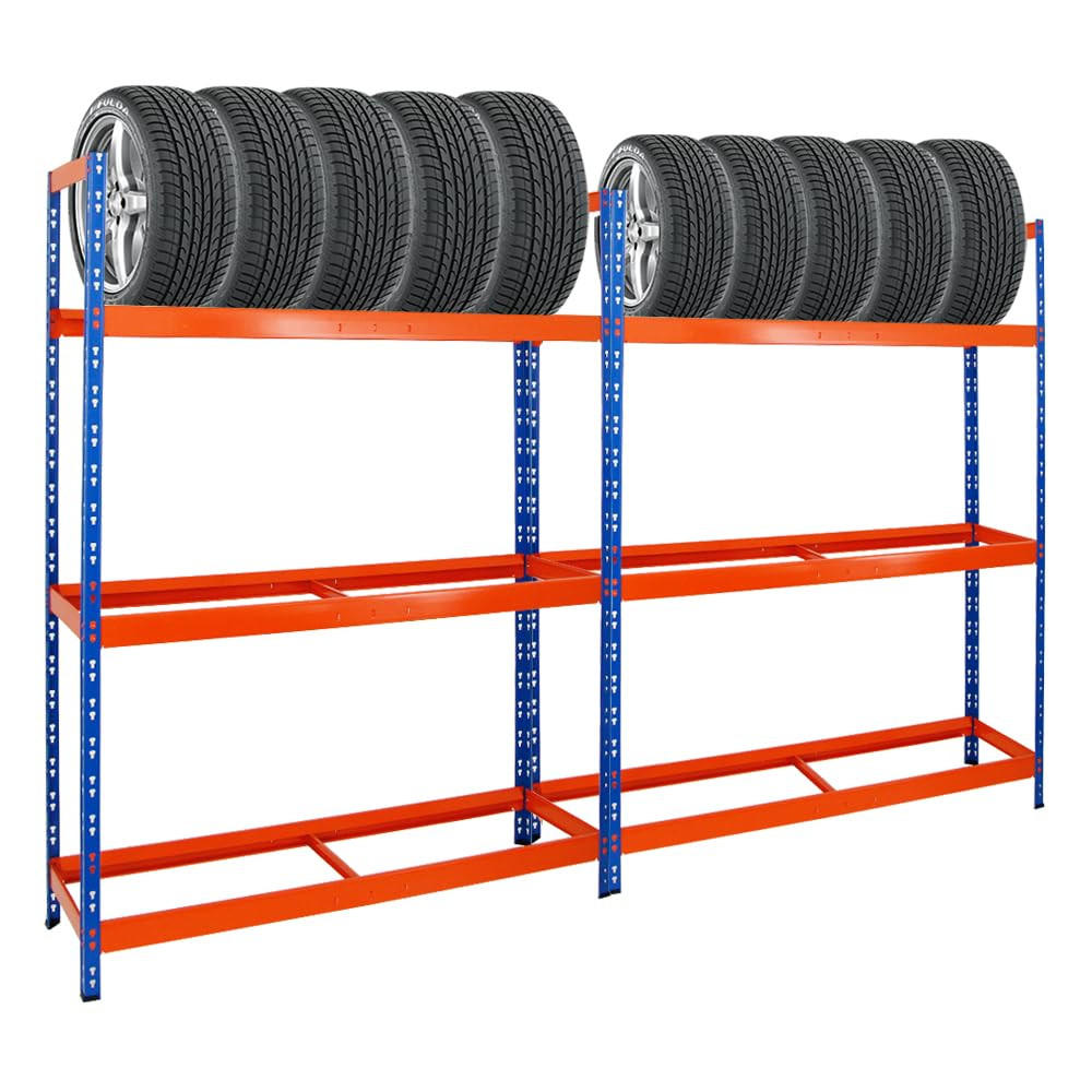 REIFENREGAL Tiger XL 2er-Set mit 2x 200x150x45 cm 300 kg Fachlast bis zu 36 Reifen Blau-Orange - Orange, Metall (300/200/45cm) - PROREGAL