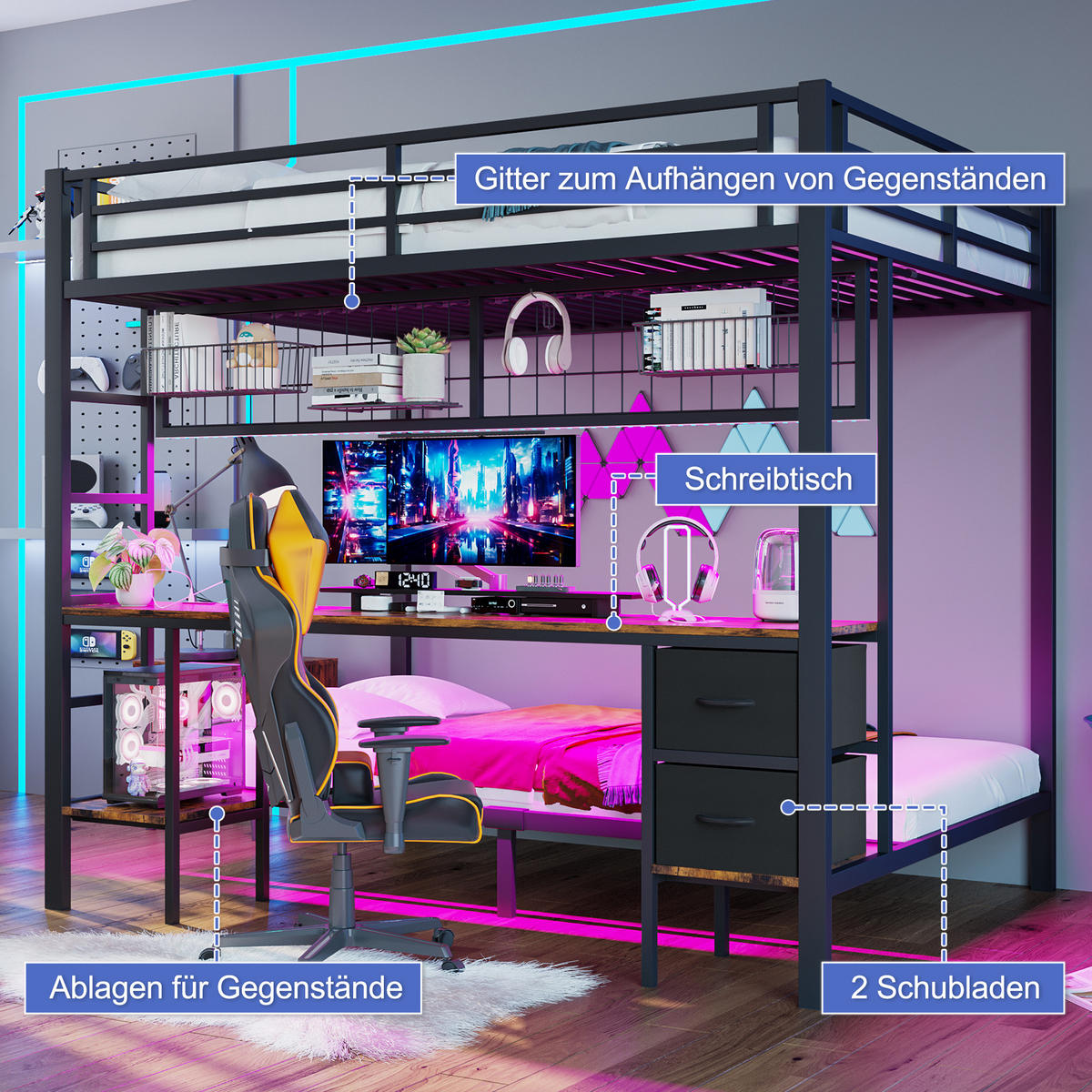 HOCHBETT 90x200cm + 140x200cm Schwarz Metall Schubladen Schreibtisch LED - Schwarz, Metall (140/200cm) - FLIEKS