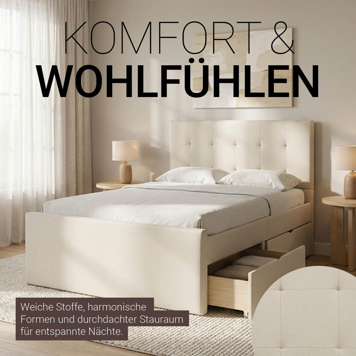 POLSTERBETT mit Stauraum 90/200 cm in Beige + Lattenrost - Anthrazit/Beige, Textil (90/200cm) - Homestyle4u
