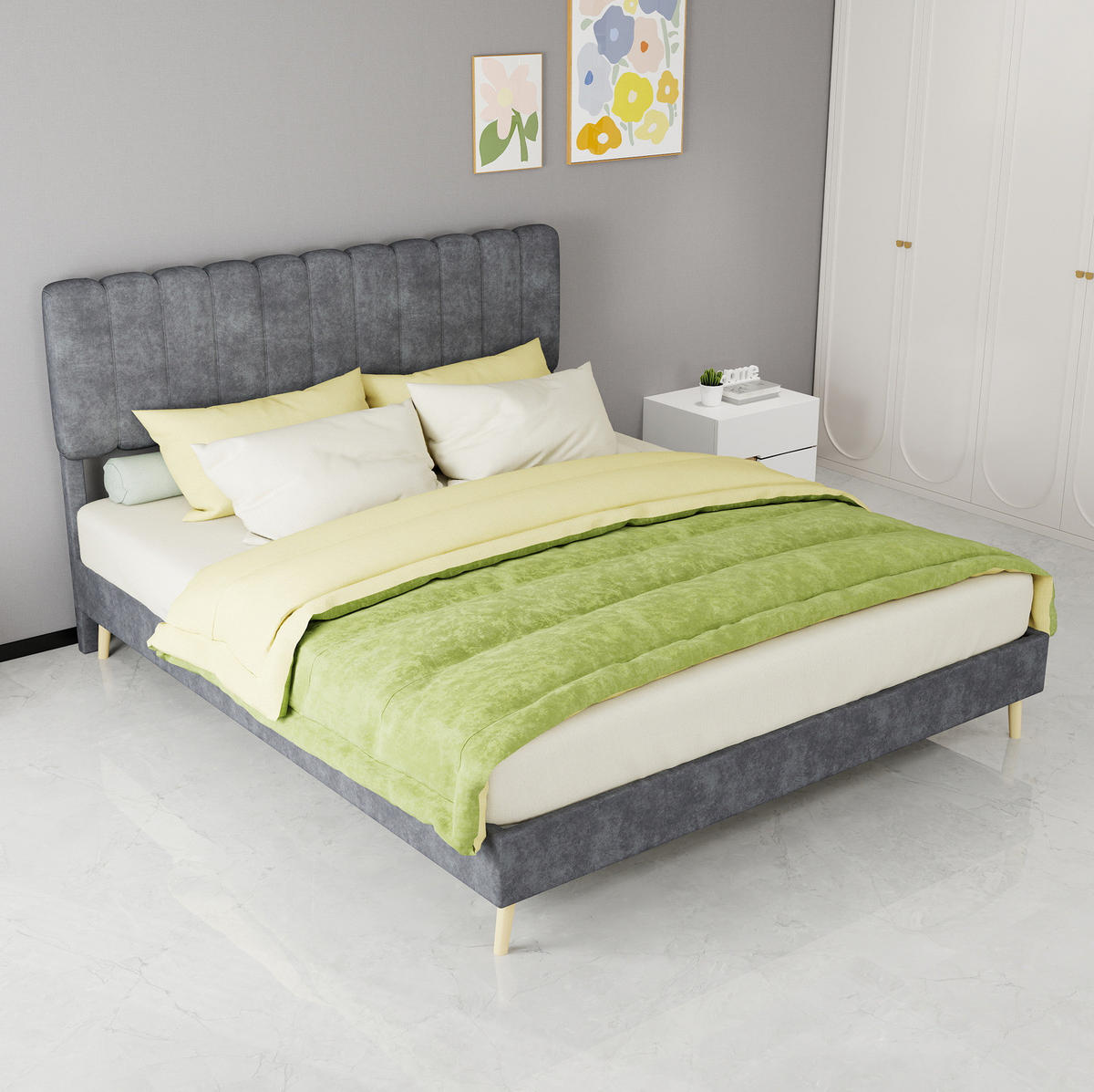 POLSTERBETT aus Samtstoff und Metall 160x200 cm Grau inklusive Matratze - Grau, Textil (160/200cm) - IVMEU