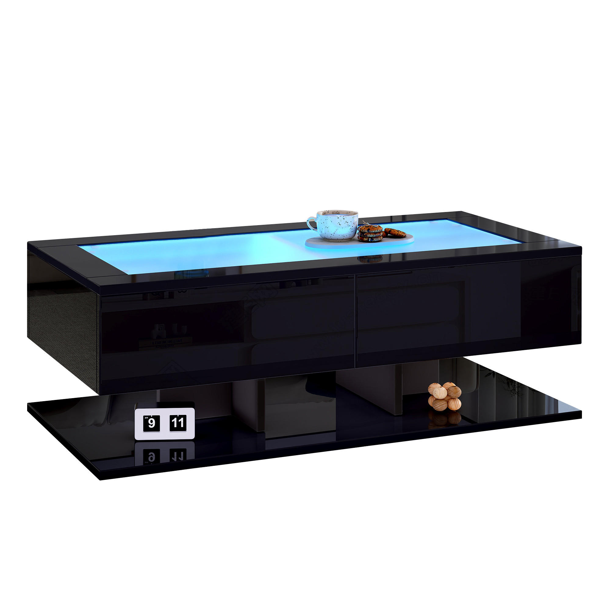 COUCHTISCH aus Spanplatte und gehärtetem Glas 100x50x35 cm Schwarz mit LED-Beleuchtung und 2 Schubladen - Schwarz, Holzwerkstoff (100/50/35cm) - IVMEU