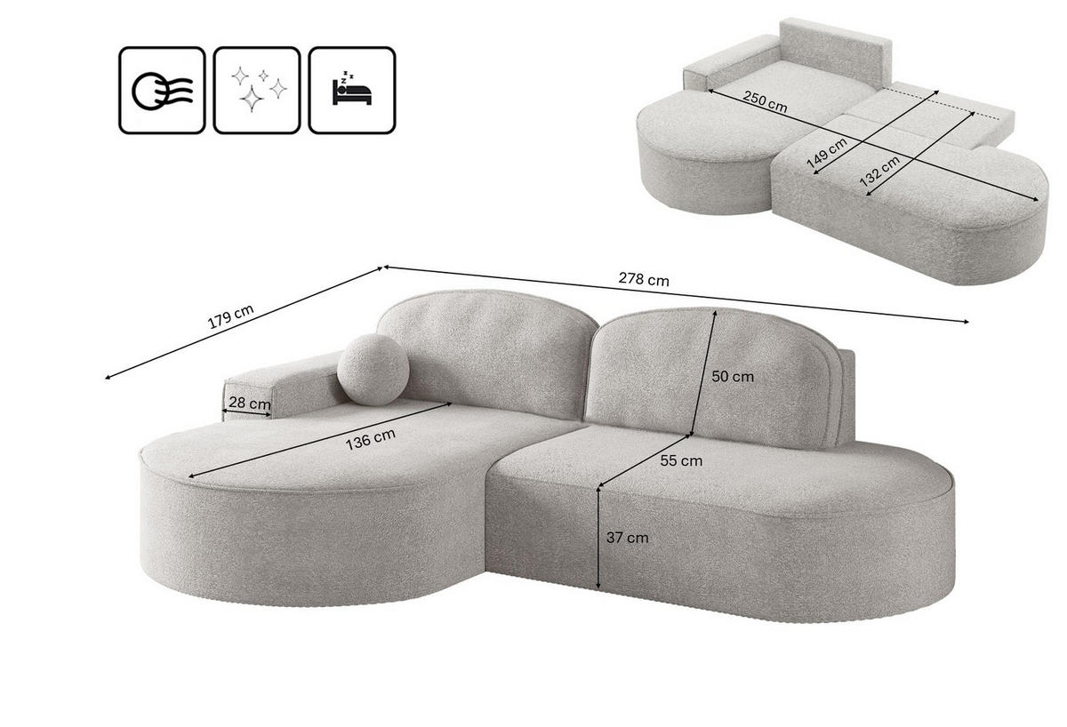 ECKSOFA mit Schlaffunktion und Bettkasten Modena Runden stoff Arena Hellgrau Links - Hellgrau, Holz (179/278cm) - Kaiser Möbel