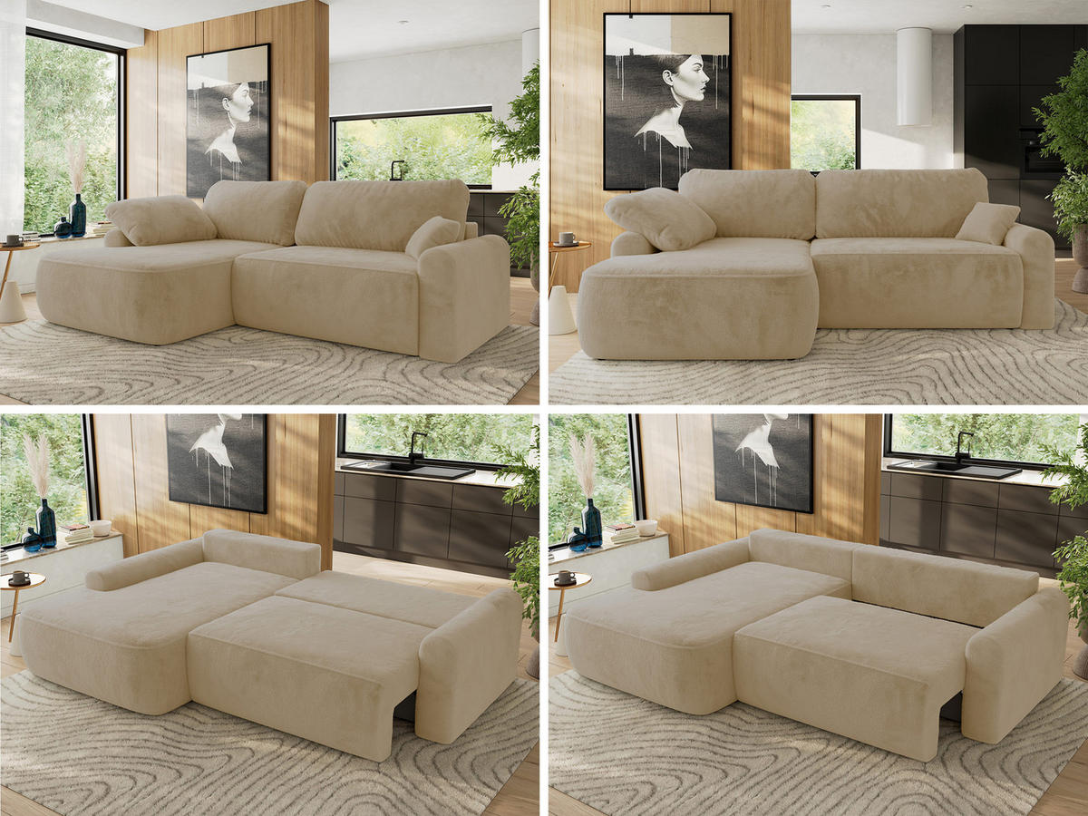 ECKSCHLAFSOFA CUBO L Creme Plüsch - links - Creme/Schwarz, Kunststoff/Textil (273/187cm) - MKS