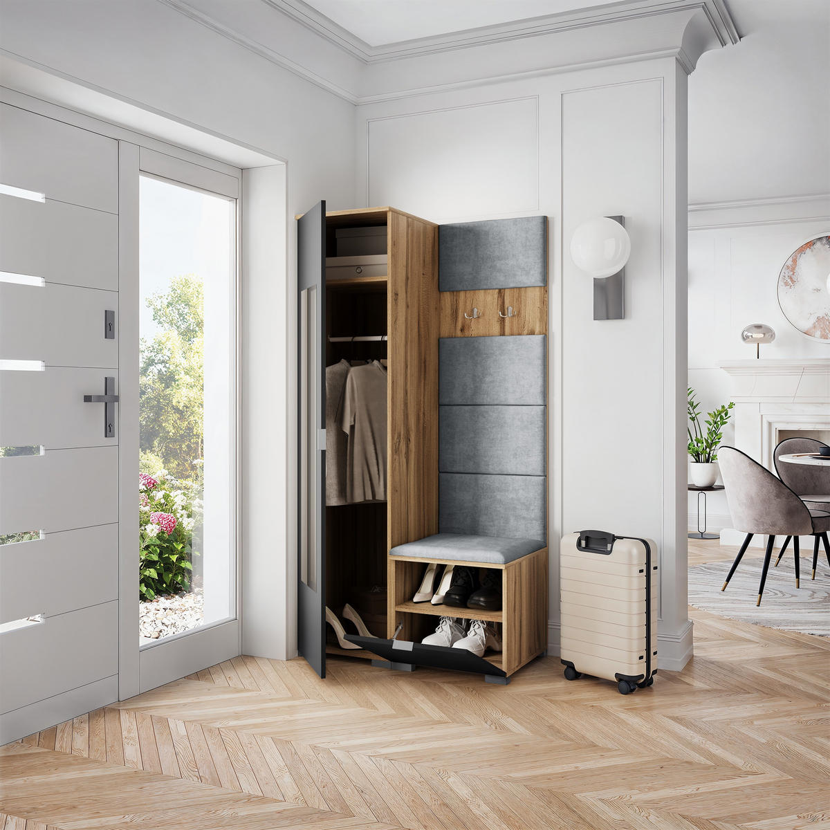 GARDEROBENSCHRANK VIRA 95/181/51 cm Modern Eiche Wotan - Eiche Wotan/Hellgrau, Holzwerkstoff (95/181/51cm) - MASSENO