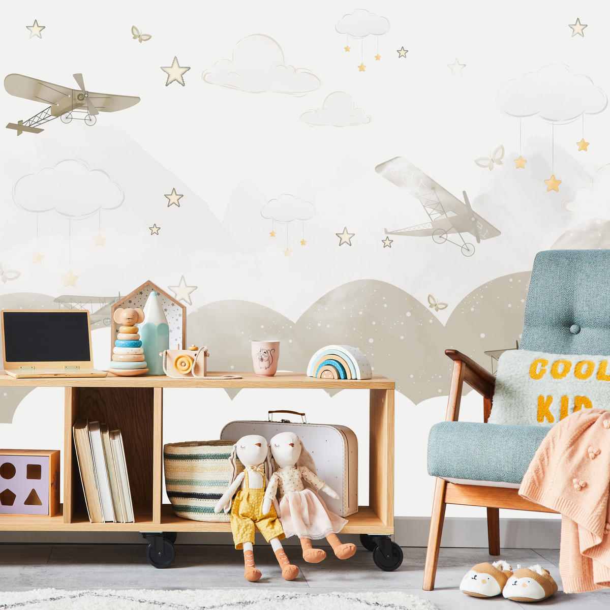 FOTOTAPETE für Kinderzimmer Flugzeuge Wolken Sterne Himmel 300x210 - Gelb/Beige, Papier (300/210cm) - Muralo