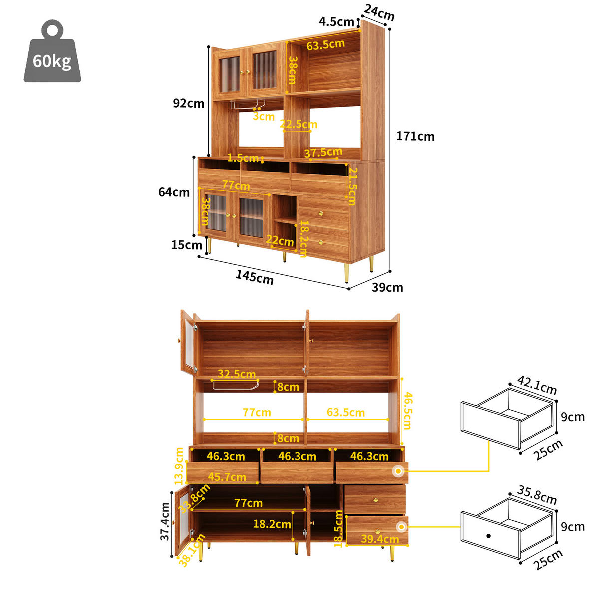 HOCHSCHRANK aus MDF in Walnussbraun mit Changhong-Glastür und Weinregal, 145/39/171 cm, Walnussbraun - Walnussfarben, Holzwerkstoff (39/171/145cm) - Redom