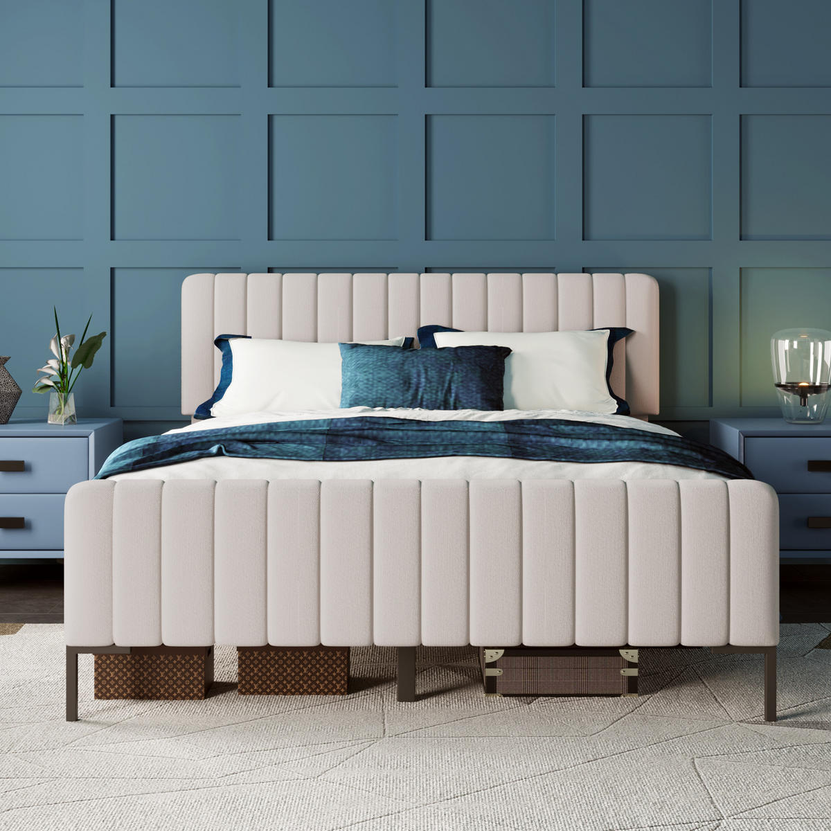 POLSTERBETT aus Leinen 160x200 cm Grau-Beige mit verstellbarem Kopfteil und Lattenrost - Beige, Textil (160/200cm) - IVMEU
