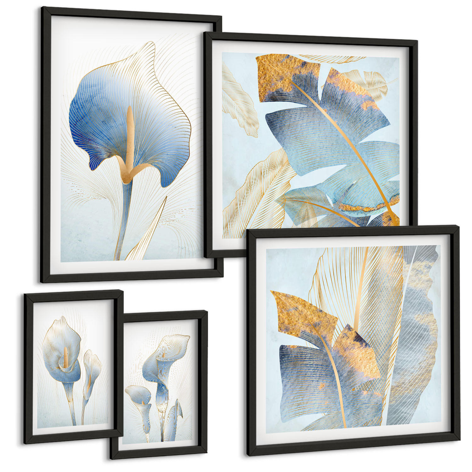 BILDER SET 5er Set - 50x50 cm & 20x30 cm & 40x60 cm Schwarzer Rahmen - Blaue Blumen im Hintergrund - Schwarz, Kunststoff (40/60cm) - TULUP