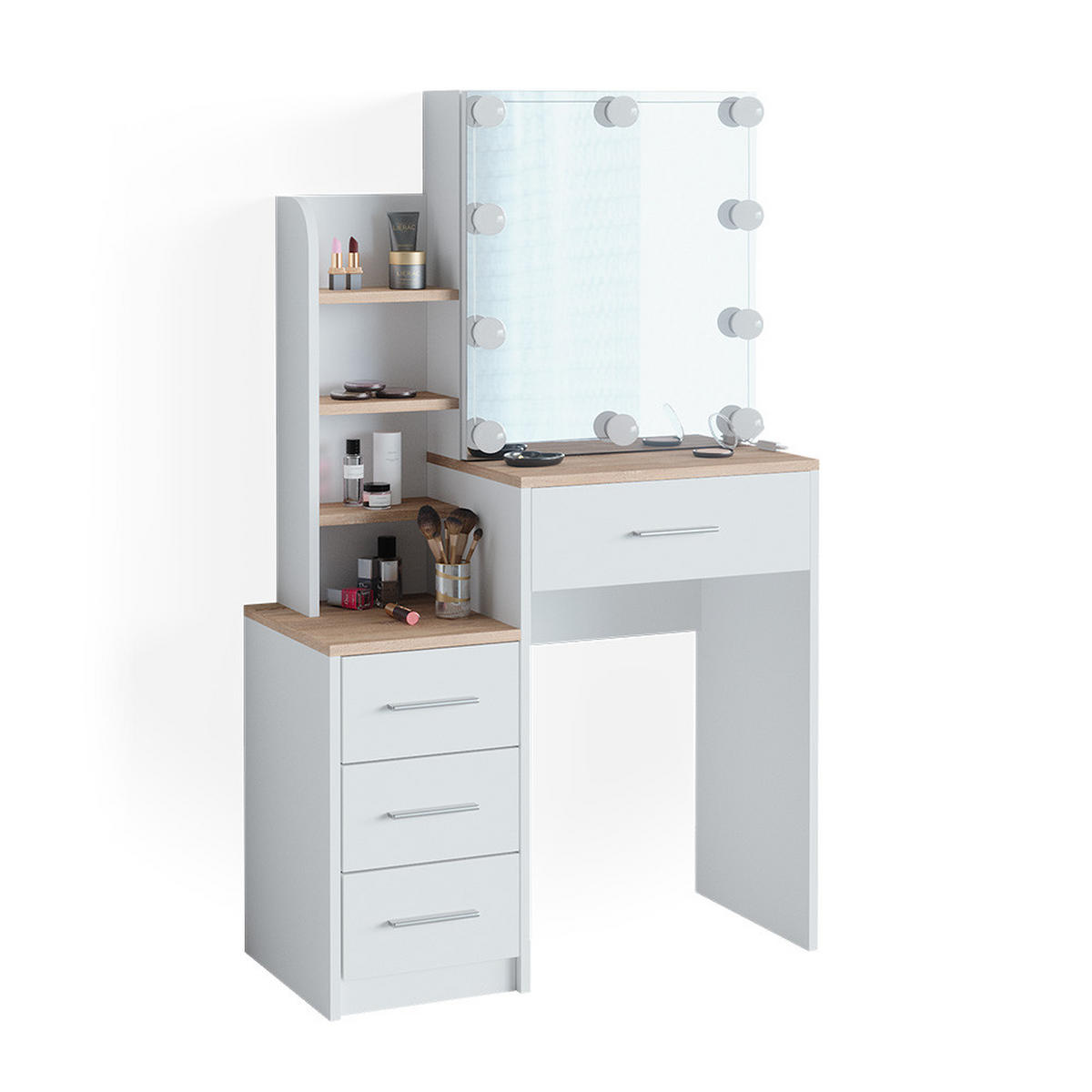 SCHMINKTISCH Conrada Weiß/Sonoma 80 cm mit LED Beleuchtung - Weiß/Sonoma Eiche, Holzwerkstoff (36/131.6/80cm) - Vicco
