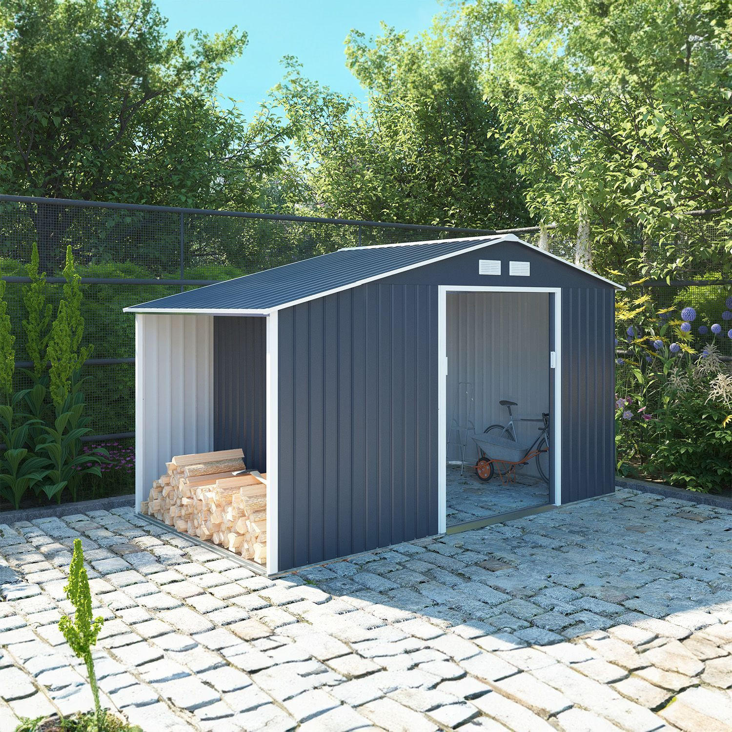 HOLZUNTERSTAND für Metall Geräteschuppen XL - Dunkelgrau, Metall (71/159/195cm) - Juskys