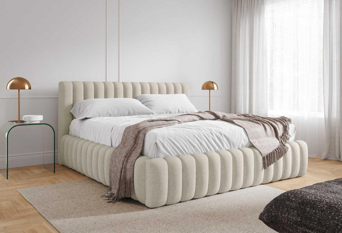 DOPPELBETT Bouclé 160x200 Livia mit Mettalllattenrost, Bettkasten, Creme - Creme, Holz/Textil (160/200cm) - Emporius