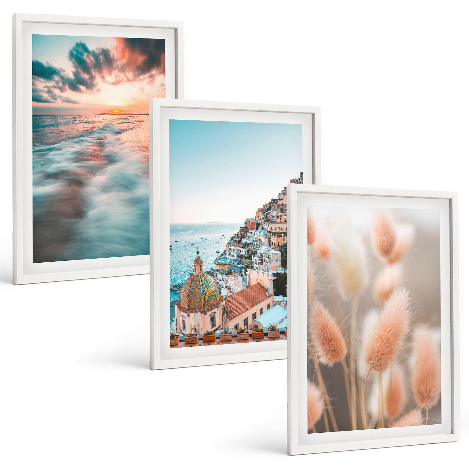 BILDER SET 3er Set - 40x60 cm Weißer Rahmen - Sonnenuntergang am Meer, Häuser, Blumen - Weiß, Kunststoff (40/60cm) - TULUP