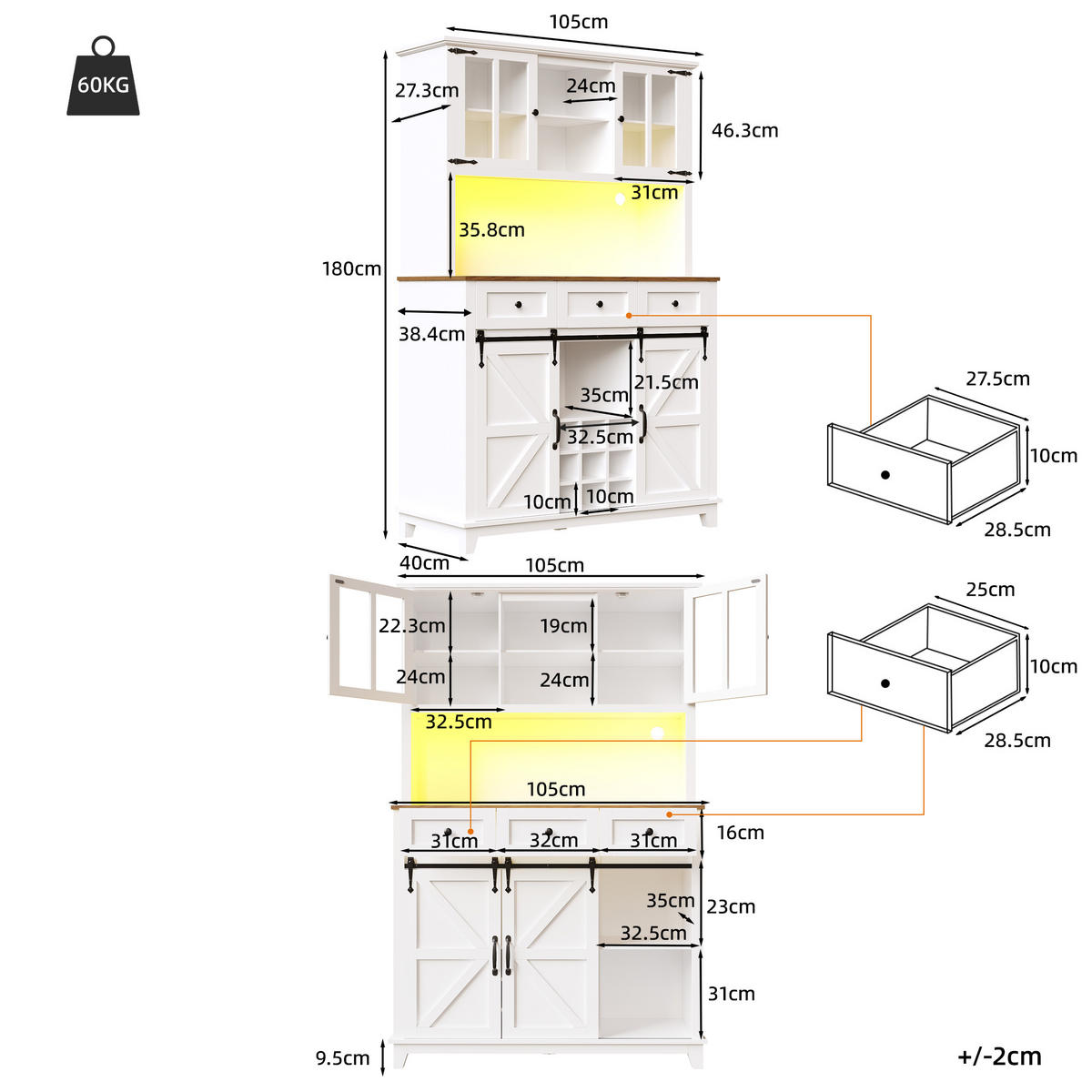 GESCHIRRSCHRANK aus MDF 105x38,4x180cm in Weiß mit LED-App-Steuerung - Weiß, Holzwerkstoff (105/180/38.4cm) - Modfu