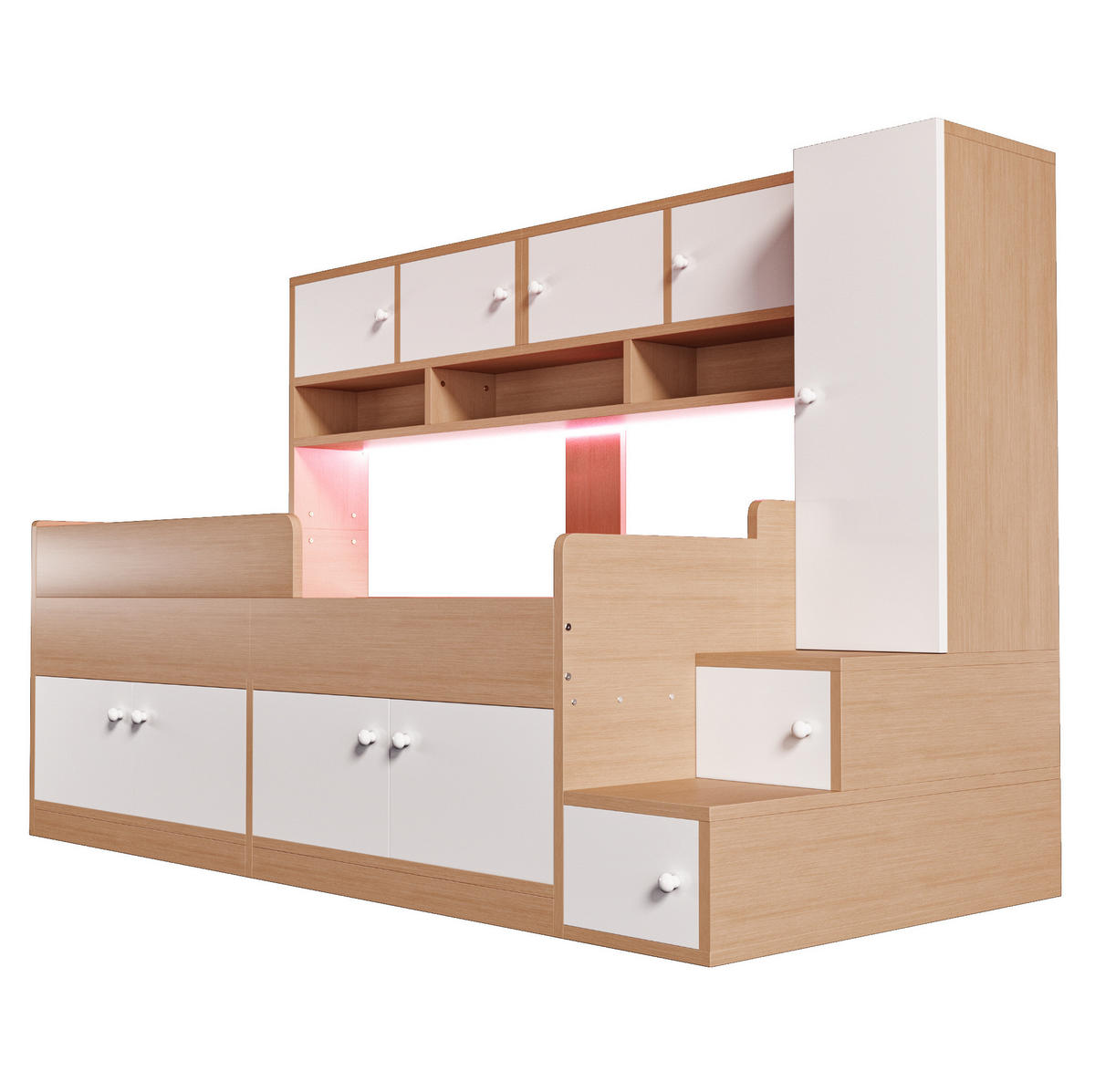 KINDEREINZELBETTEN aus MDF 90x200 cm in Naturholz mit LED-Beleuchtung & Stauraum - Naturfarben, Holzwerkstoff (90/200cm) - Modfu