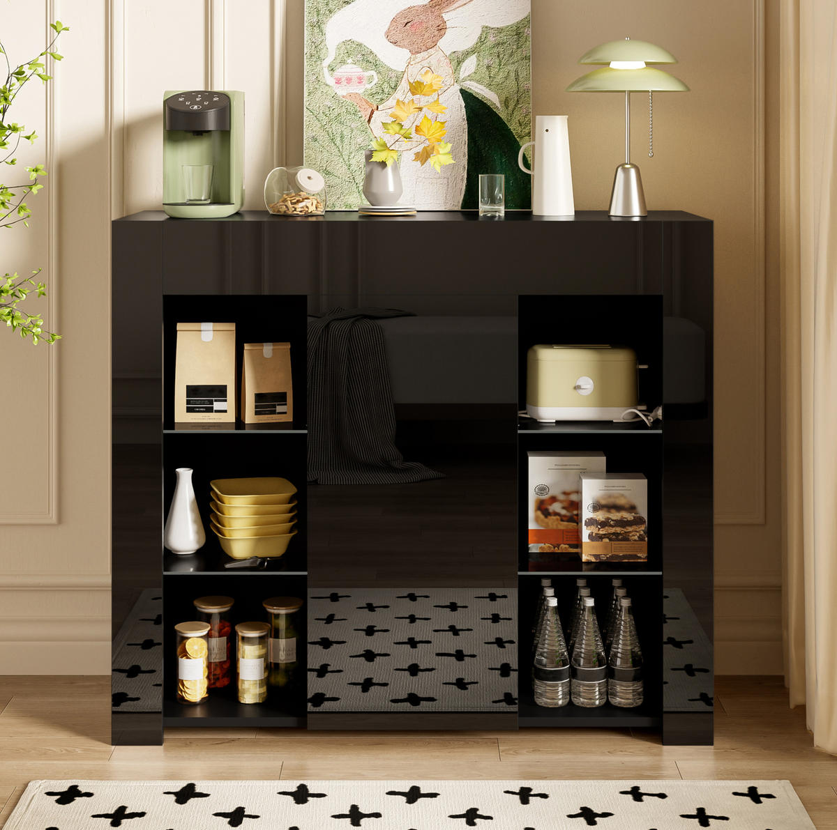 SIDEBOARD in Schwarz mit Hochglanz-Front und Glasregalen, 95/35/83 cm, Schwarz - Schwarz, Holzwerkstoff (95/83/35cm) - Redom
