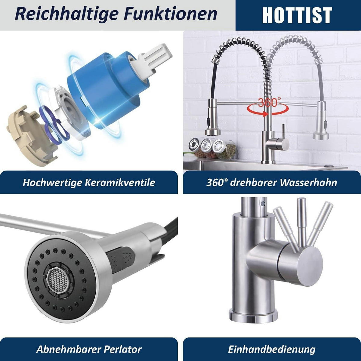 KÜCHENARMATUR mit Brause ausziehbar Edelstahl gebürstet 2 Modi 360° drehbar - Silberfarben, Metall (20/4/30cm)