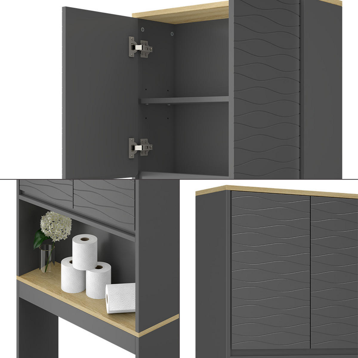 TOILETTENSCHRANK Livia Anthrazit 60 x 163 cm - Anthrazit/Naturfarben, Holzwerkstoff (60/163/20cm) - Vicco