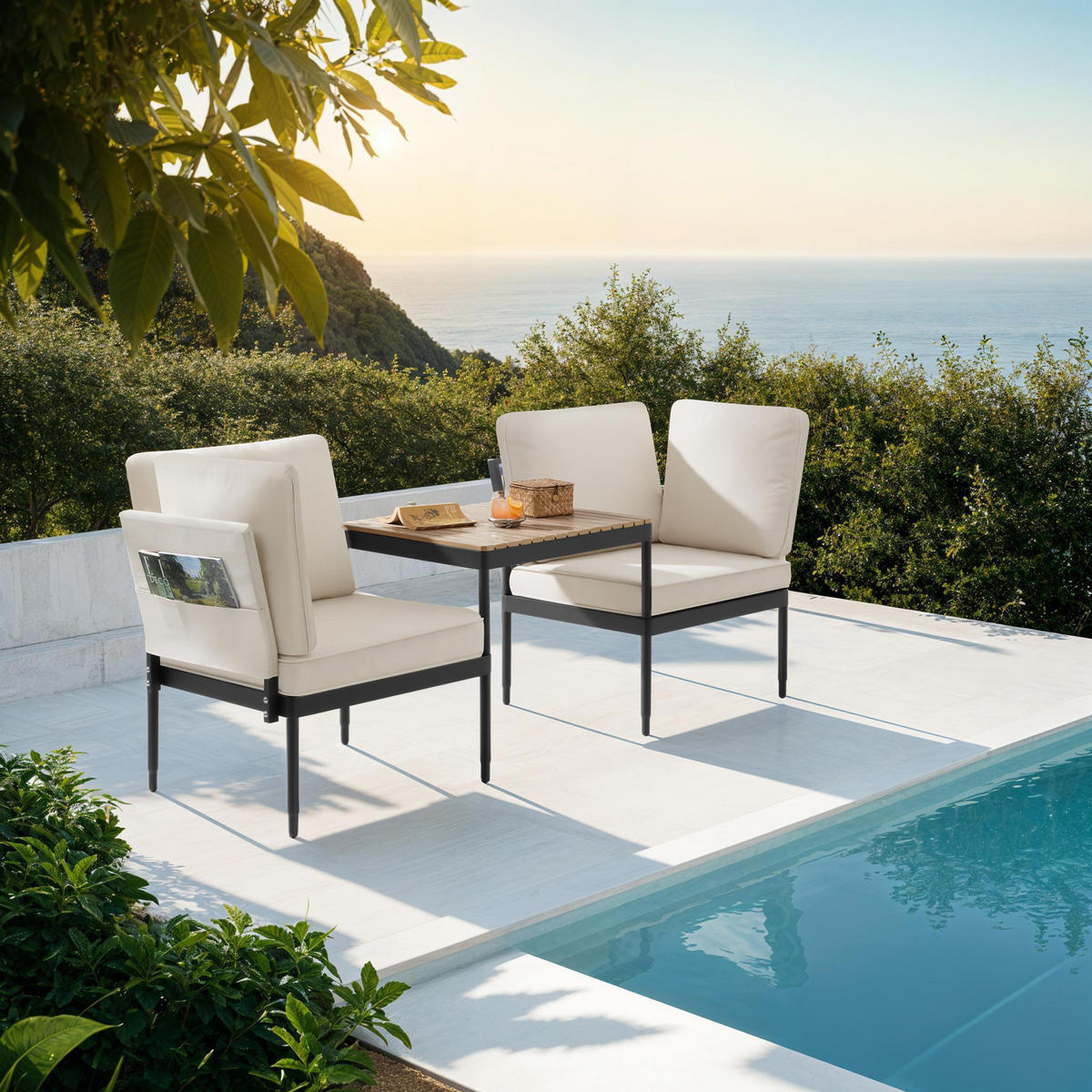 GARTENLOUNGE-SET Magaluf,Armlehnen mit Seitentaschen, stapelbar,anthrazit/grau - Anthrazit/Grau, Kunststoff/Metall - tectake