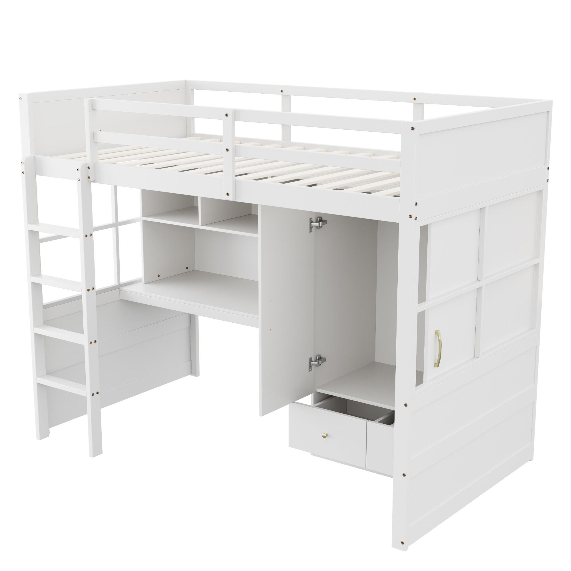 HOCHBETT 90/200 cm DE-01366, in Weiß, mit Schreibtisch, Kleiderschrank und Schubladen - Weiß, Holzwerkstoff (90/200cm) - ComfortXL