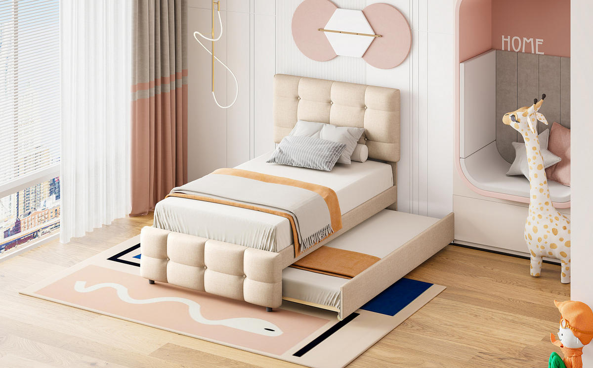 POLSTERBETT 90/200 cm Beige aus Leinenstoff mit Ausziehbett - Beige, Textil (90/200cm) - OKMYHOME