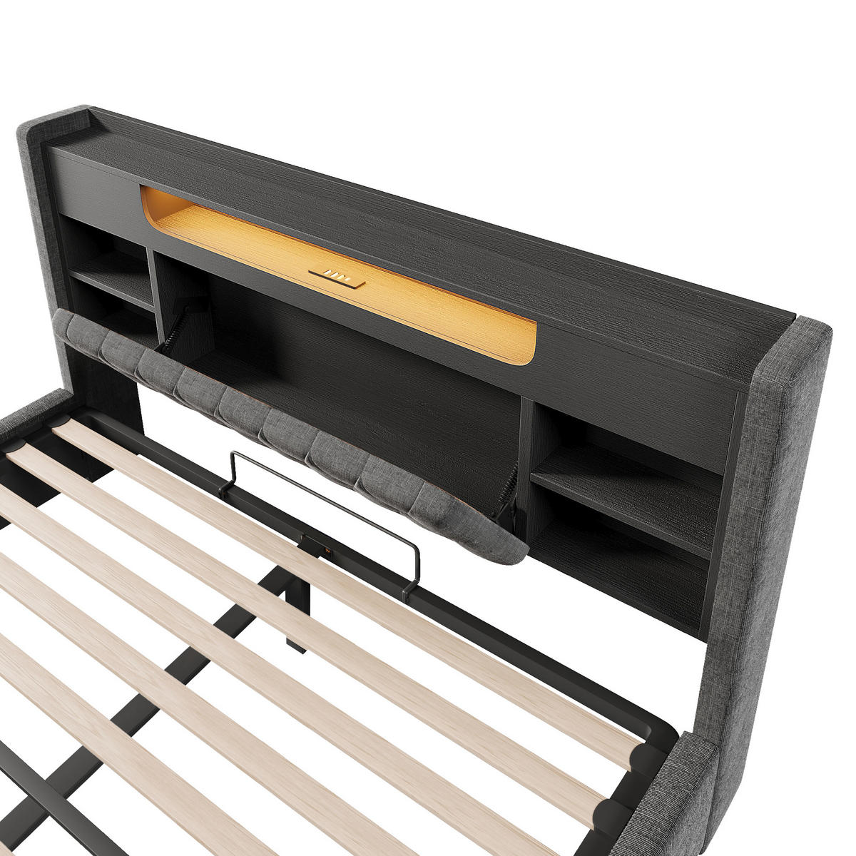 ČALOUNĚNÁ POSTEL 140/190 cm v šedé barvě s úložným prostorem, LED a USB-C - šedá, kov/kompozitní dřevo (140/190cm) - CHICFURN