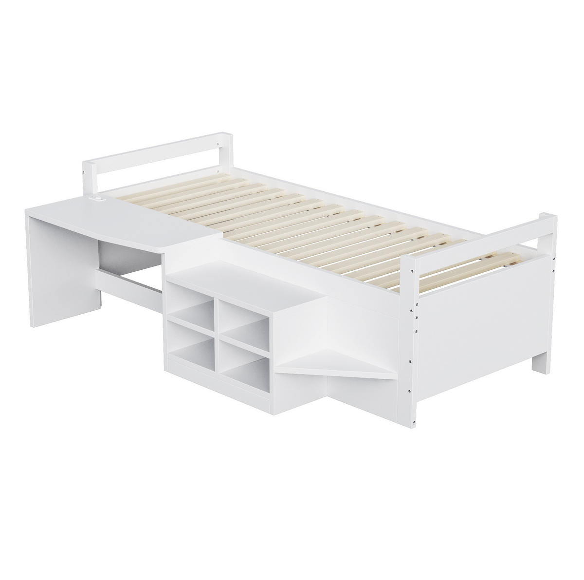 KINDERBETT aus Kiefernholz 90x200 cm Weiß mit Schreibtisch, USB-Anschlüssen, Steckdose und Stauraumschränken - Weiß, Holzwerkstoff (90/200cm) - Modfu