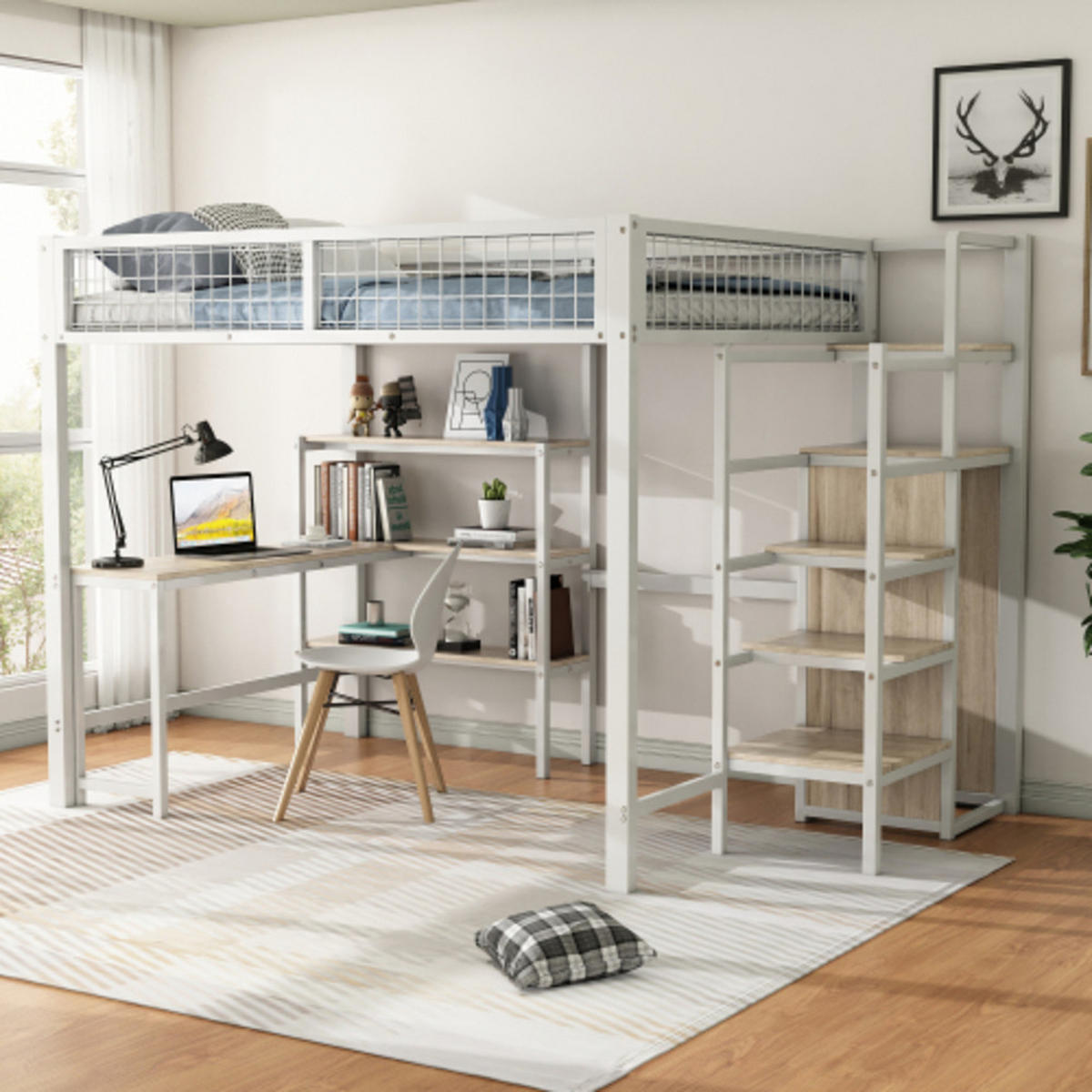 HOCHBETT 140 × 200 cm aus Metall und MDF mit Schreibtisch, Regalen und Kleiderschrank, weiß - Weiß, Holzwerkstoff - Luhomfu