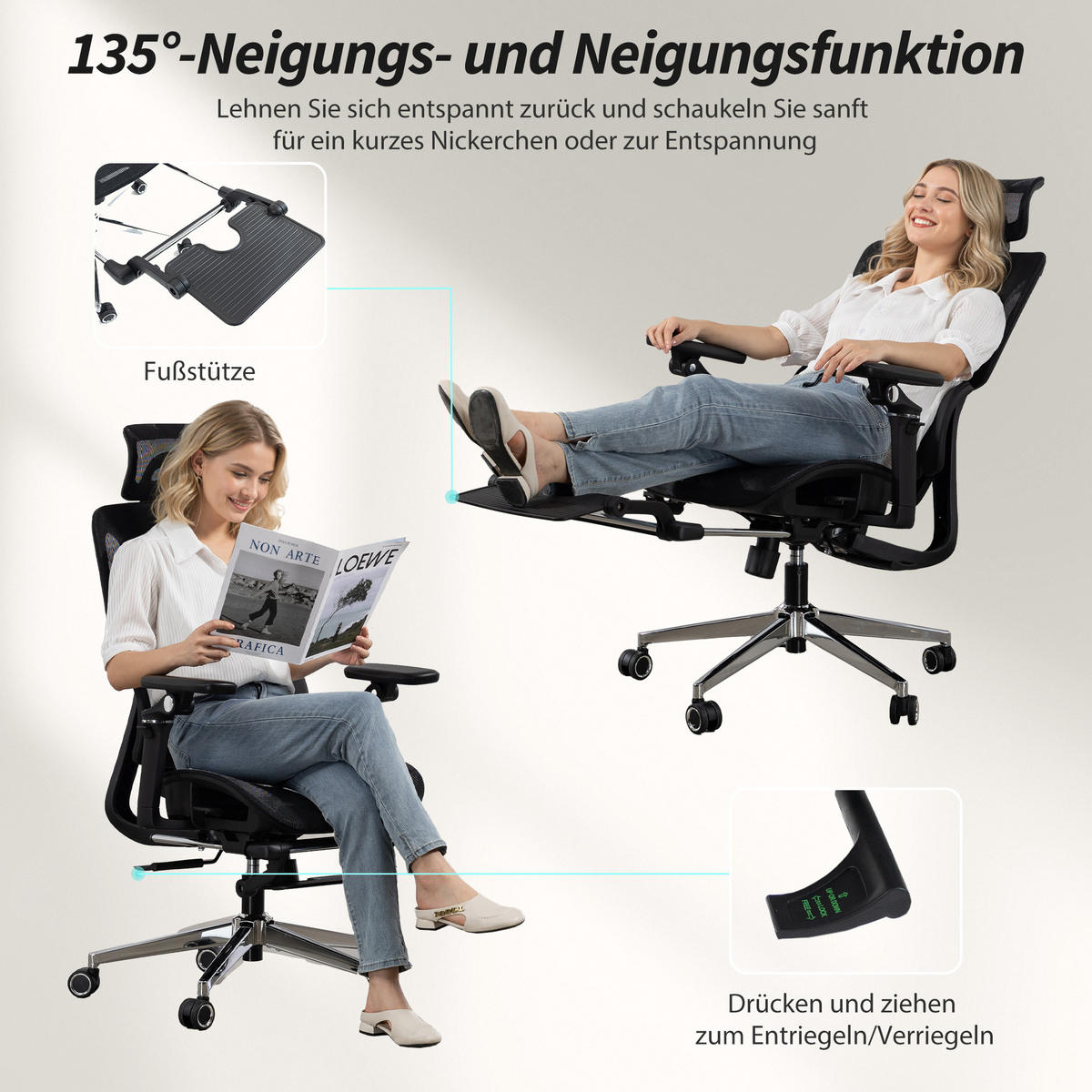 BÜROSTUHL Ergonomisch Schreibtischstuhl mit verstellbar Lenden- und Kopfstütze 6D-Klapparmlehnen Fußstütze Netz Schwarz - Schwarz, Textil (67/133/71cm)