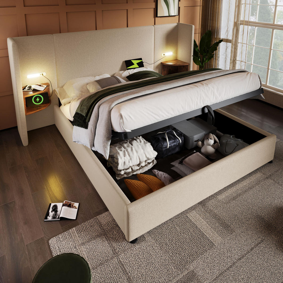 POLSTERBETT 160/200 cm Beige aus Leinen mit Stauraum - Beige, Textil (160/200cm) - OKMYHOME
