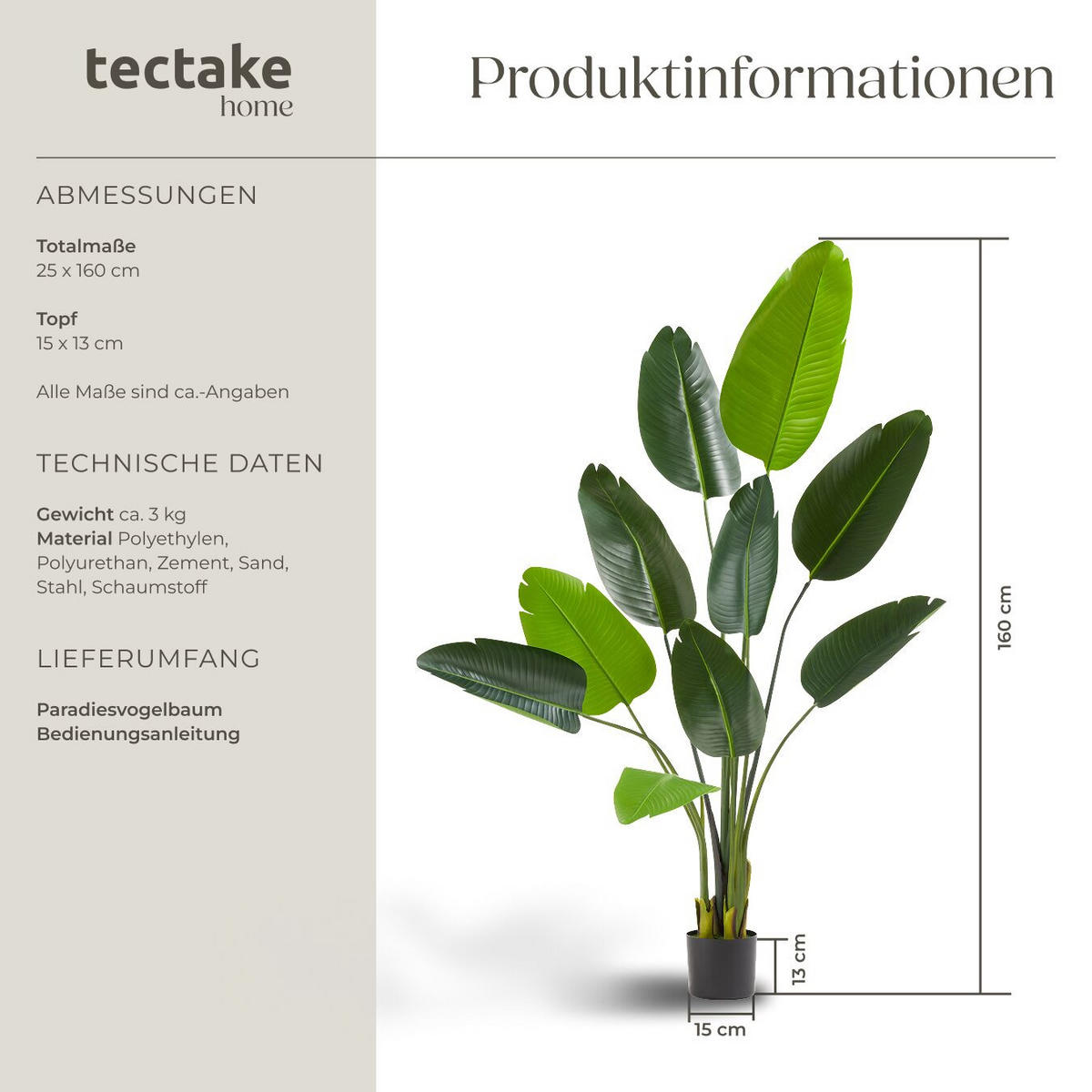 KÜNSTLICHER-PARADIESVOGELBAUM Tropic,stabiler Kunststoff-Blumentopf,grün - Grün, Kunststoff (160cm) - tectake