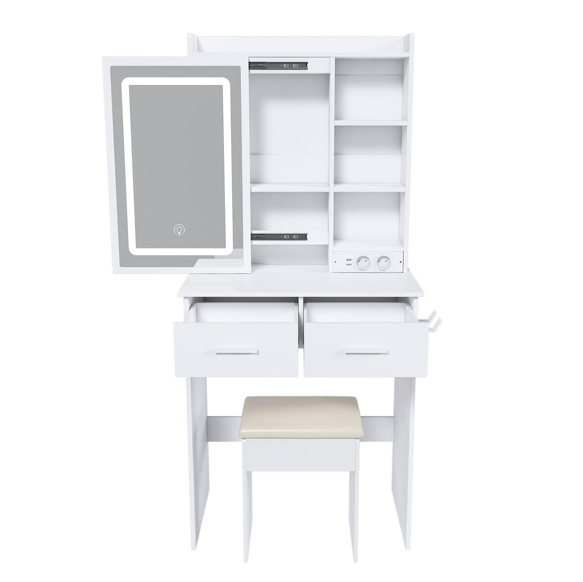KOZMETIČNA miza, 60/136/36 cm, MDF bela, z LED-osvetlitvijo, USB-priključki in taburejem - bela, leseni material (36/136/60cm) - BEAOK