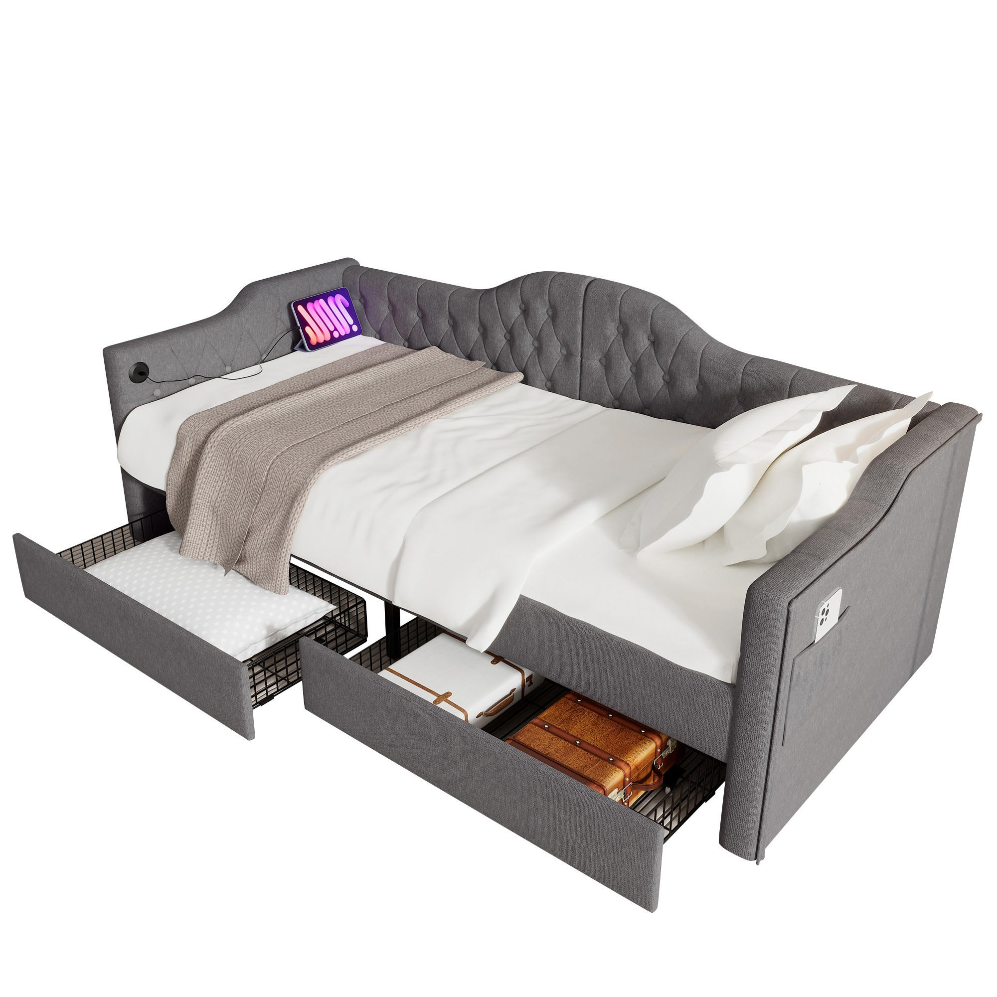 POLSTERBETT 90/190 cm Grau mit USB- und Type-C-Anschlüssen und 2 Schubladen - Grau, Textil (90/190cm) - OKWISH