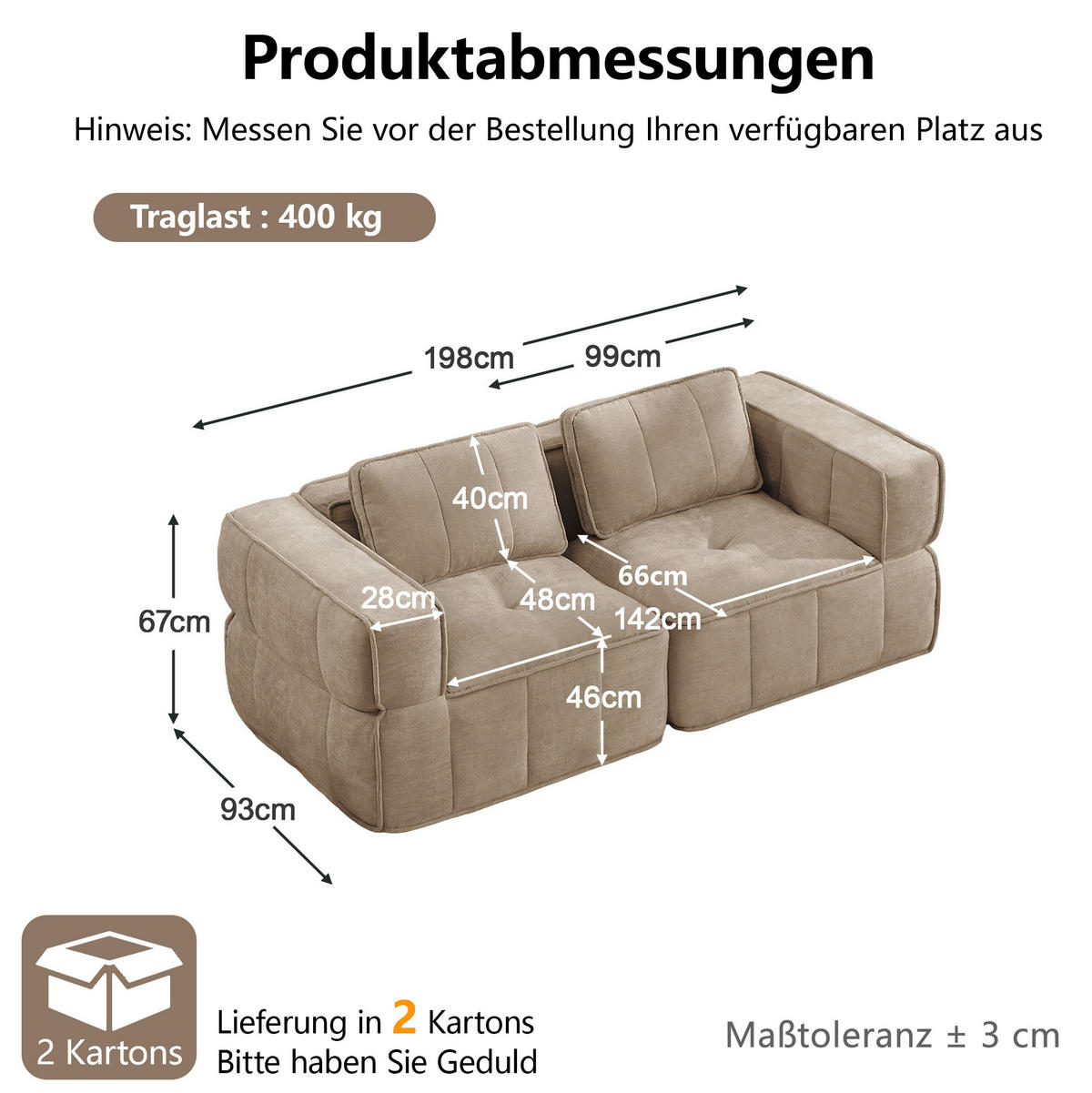 SOFA 198/93/67 cm in Sand mit modularer Form und tiefer Sitzfläche - Sandfarben, Kunststoff (93/67/198cm) - Flora Grace