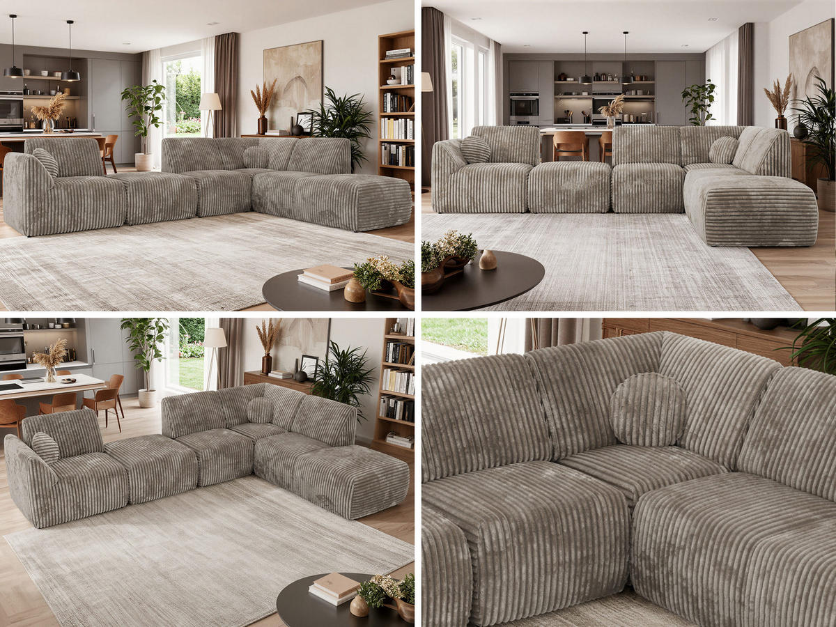 ROHOVÁ SEDAČKA NOARA 6M L Světle hnědá Manšestr - Pravá - černá/světle hnědá, textil/plast (355/244cm) - MKS