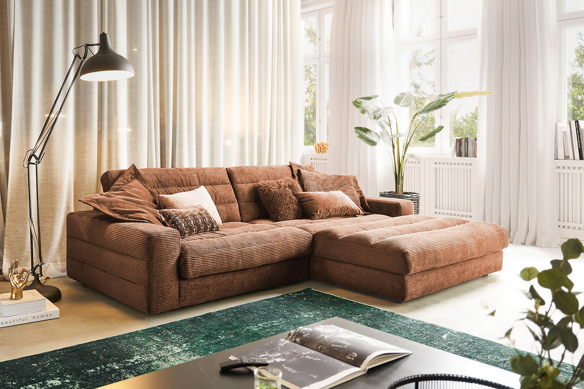 ECKSOFA LANA SOFA Braun Cord - Dunkelbraun/Schwarz, Textil (296/205cm) - KAWOLA